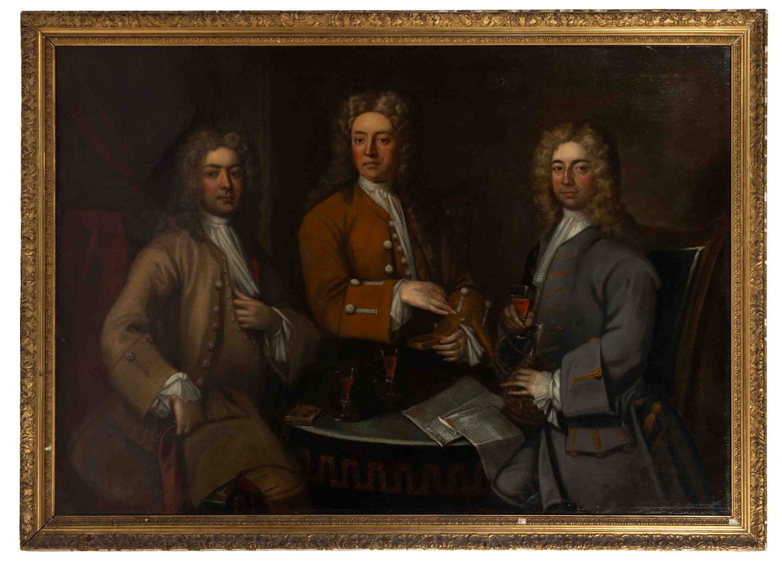 RARE BRITISH SCHOOL (18TH CENTURY) GROUP PORTRAIT OF THREE GENTLEMAN: RARE BRITISH SCHOOL (18TH CENTURY) GROUP PORTRAIT OF THREE GENTLEMAN, oil on canvas, the trio seated around a marble-top center table, which holds wine glasses, a carafe, and copies of The London