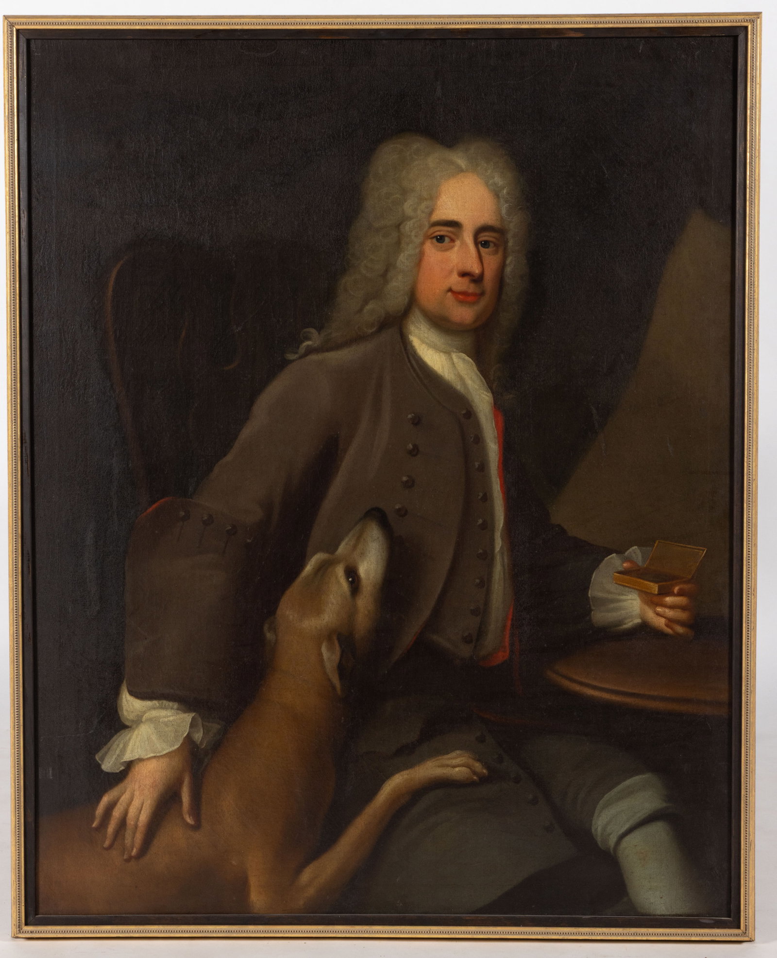 BRITISH SCHOOL (18TH CENTURY) PORTRAIT OF A GENTLEMAN WITH HIS DOG: BRITISH SCHOOL (18TH CENTURY) PORTRAIT OF A GENTLEMAN WITH HIS DOG, oil on canvas, a three-quarter length depiction of a dapper figure sporting powdered wig and gray coat with white ruffled sleeves, s