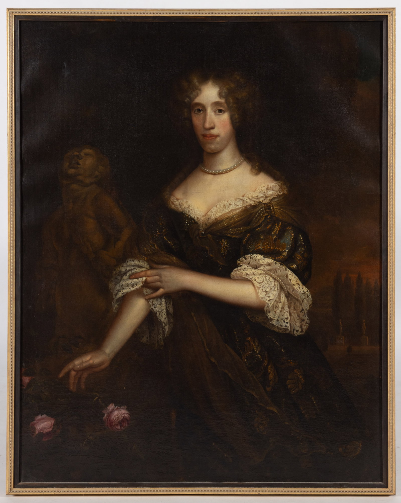 BRITISH SCHOOL (18TH CENTURY) PORTRAIT OF A LADY: BRITISH SCHOOL (18TH CENTURY) PORTRAIT OF A LADY, oil on canvas, a striking composition with allegorical overtones, the three-quarter length depiction of a young woman wearing a pearl necklace and&nbs