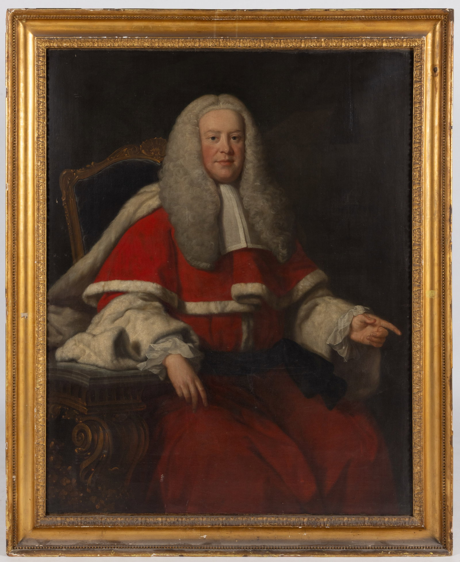 BRITISH SCHOOL (18TH CENTURY) PORTRAIT OF A JUSTICE: BRITISH SCHOOL (18TH CENTURY) PORTRAIT OF A JUSTICE, oil on canvas, a large three-quarter length example depicting a distinguished figure wearing powdered wig and resplendent red robe adorned wit