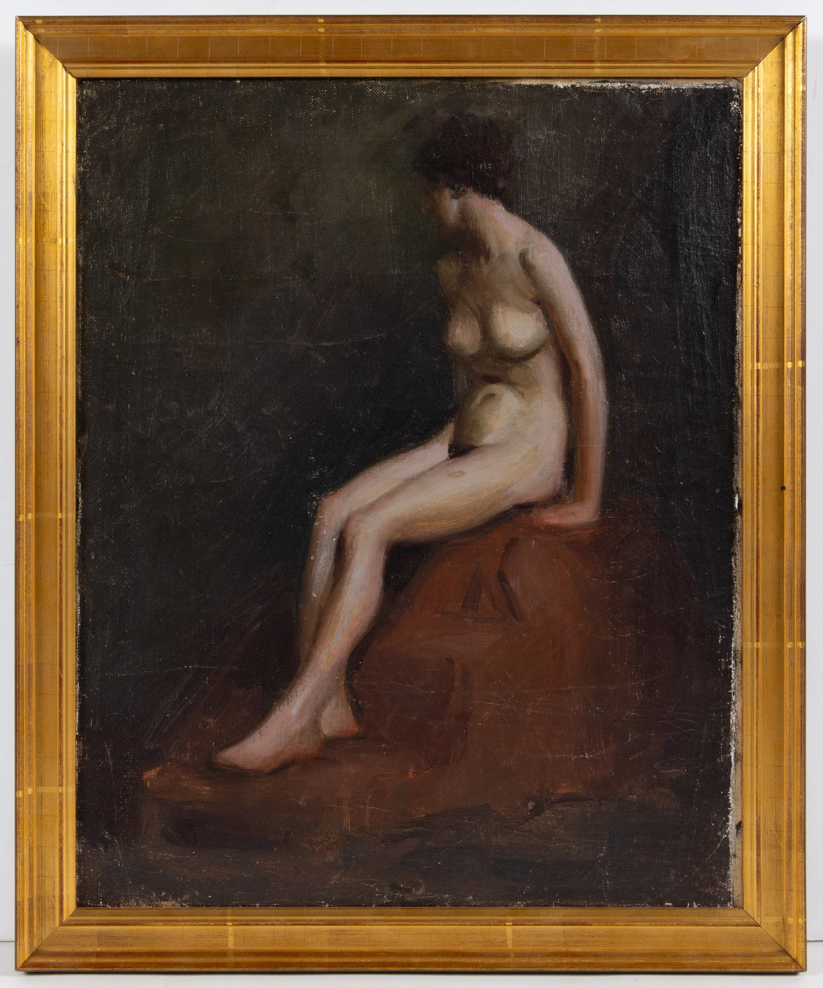 SCHOOL OF THOMAS COWPERTHWAIT EAKINS (AMERICAN, 1844-1916) STUDY / PAINTING OF A NUDE LADY: SCHOOL OF THOMAS COWPERTHWAIT EAKINS (AMERICAN, 1844-1916) STUDY / PAINTING OF A NUDE LADY, oil on canvas, depicting a full female figure sitting with her hands resting behind her. No signature locate