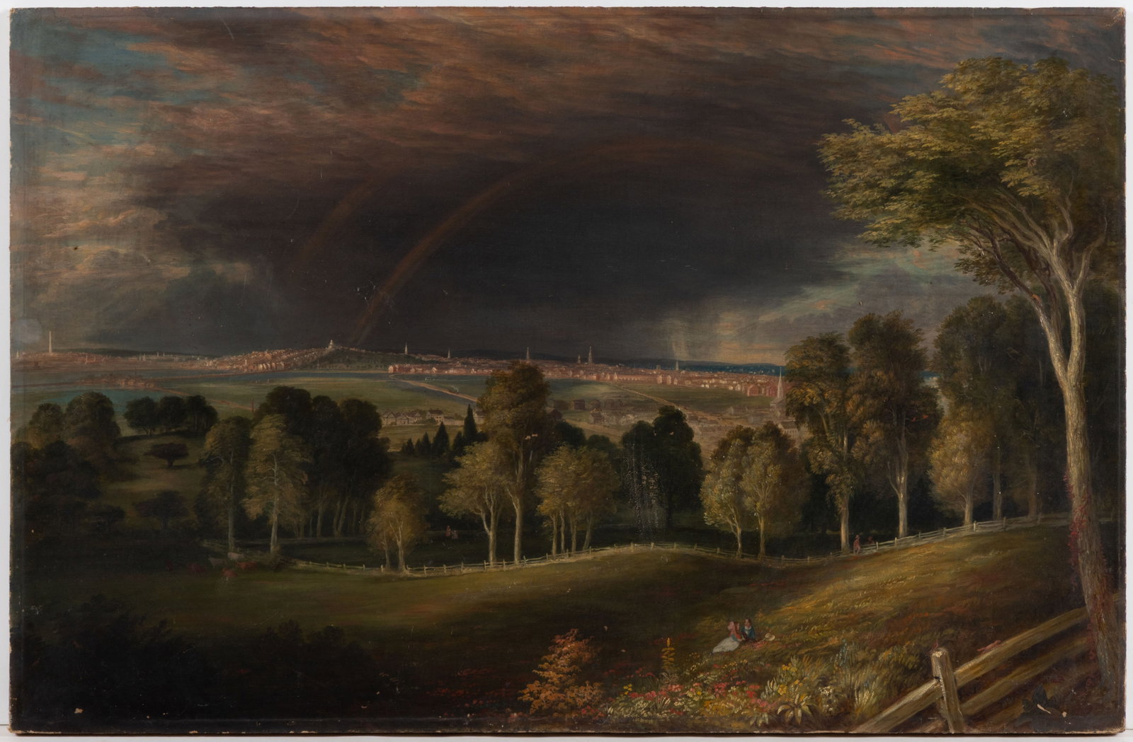 AMERICAN SCHOOL (19TH CENTURY) PANORAMIC LANDSCAPE OF BOSTON, MASSACHUSETTS AND ENVIRONS: AMERICAN SCHOOL (19TH CENTURY) PANORAMIC LANDSCAPE OF BOSTON, MASSACHUSETTS AND ENVIRONS, oil on canvas, a richly detailed view of figures and animals on a pastoral hillside overlooking the city 