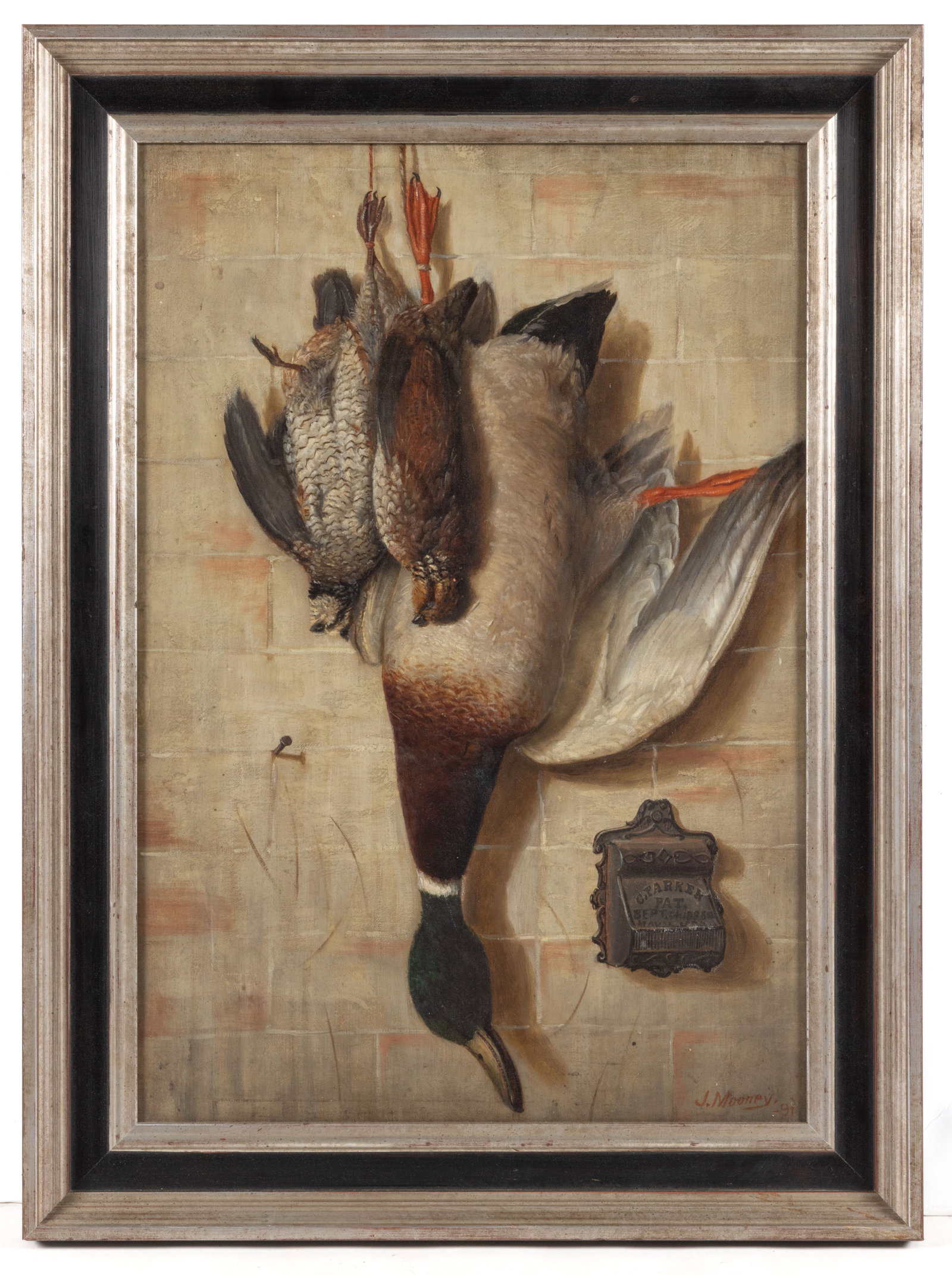 JOHN A. MOONEY (VIRGINIA, 1843-1918) NATURE MORTE STILL-LIFE PAINTING: JOHN A. MOONEY (VIRGINIA, 1843-1918) NATURE MORTE STILL-LIFE PAINTING, oil on canvas, in the trompe l'oeil style, featuring ducks and other wildfowl suspended against a brick wall, upon which a &q