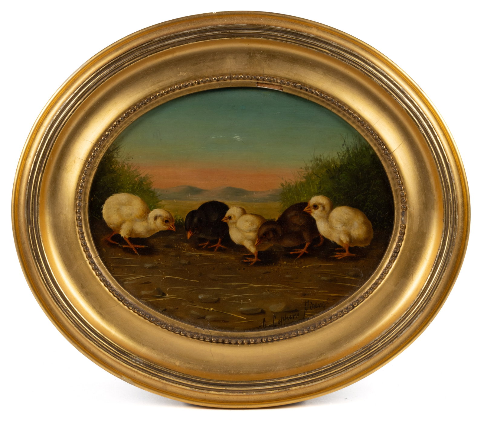 CARLO COPPINI (ITALIAN, 19TH CENTURY) CHICKS FEEDING GENRE PAINTING: CARLO COPPINI (ITALIAN, 19TH CENTURY) CHICKS FEEDING GENRE PAINTING, oil on board, oval depiction of five yellow and brown chicks feeding at the edge of a lake, with a luminous sunset over mounta