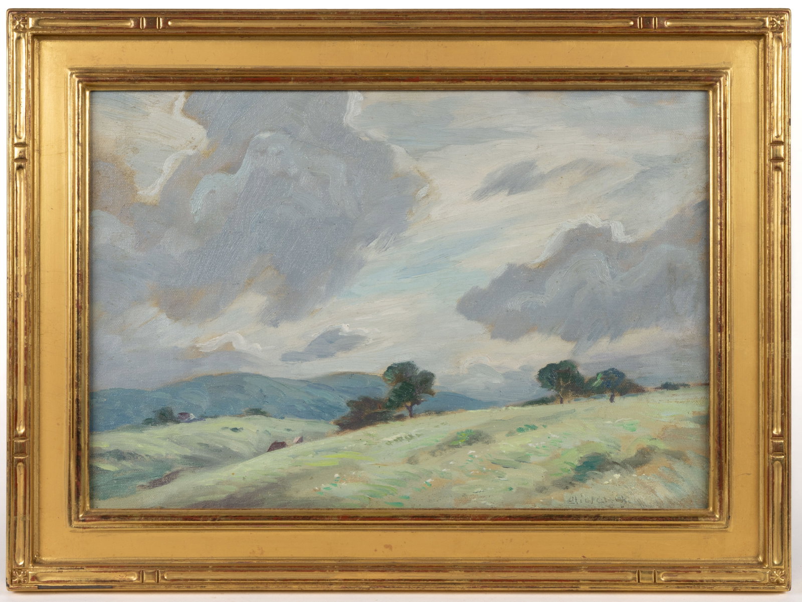 ELIOT CANDEE CLARK (AMERICAN, 1883-1980) LANDSCAPE PAINTING: ELIOT CANDEE CLARK (AMERICAN, 1883-1980) LANDSCAPE PAINTING, oil on canvas, depicting rolling hills dotted with trees with a cloudy summer sky above. Signed lower right "Eliot Clark". Housed