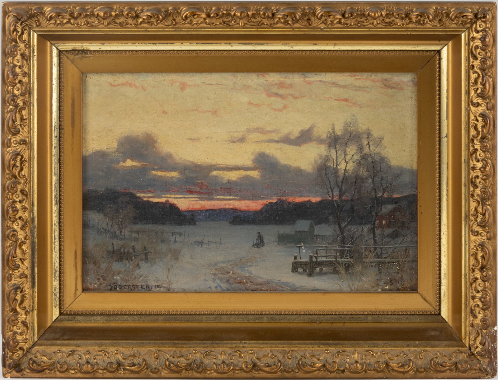 HERMAN SODERSTEN (SWEDISH / AMERICAN, 1862-1926) WINTER LANDSCAPE PAINTING: HERMAN SODERSTEN (SWEDISH / AMERICAN, 1862-1926) WINTER LANDSCAPE PAINTING, oil on canvas, probably a Swedish scene, depicting a broad landscape at dusk with a small homestead on the right with a figu