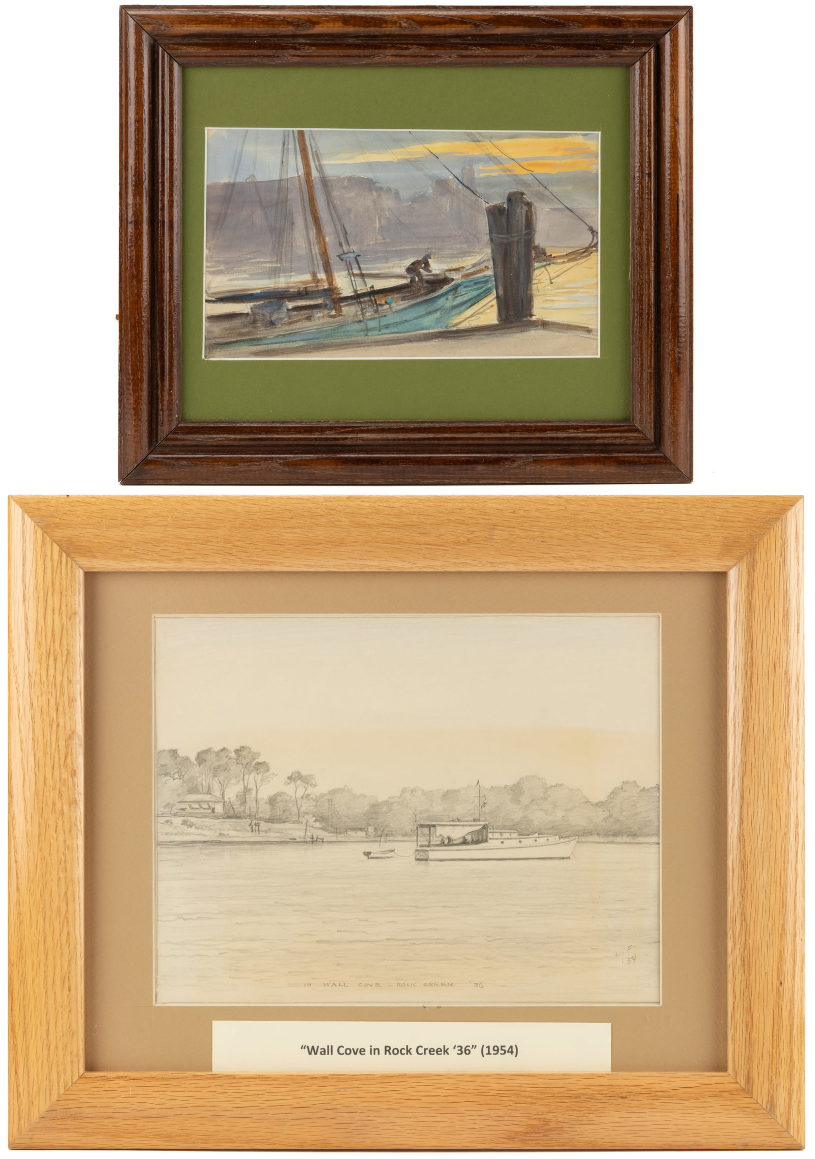 LOUIS J. FEUCHTER (MARYLAND, 1885-1957) DRAWING AND PAINTING, LOT OF TWO: LOUIS J. FEUCHTER (MARYLAND, 1885-1957) DRAWING AND PAINTING, LOT OF TWO, comprising a graphite on paper depiction of a boat in the Chesapeake Bay titled "IN WALL COVE - ROCK CREEK '36&q