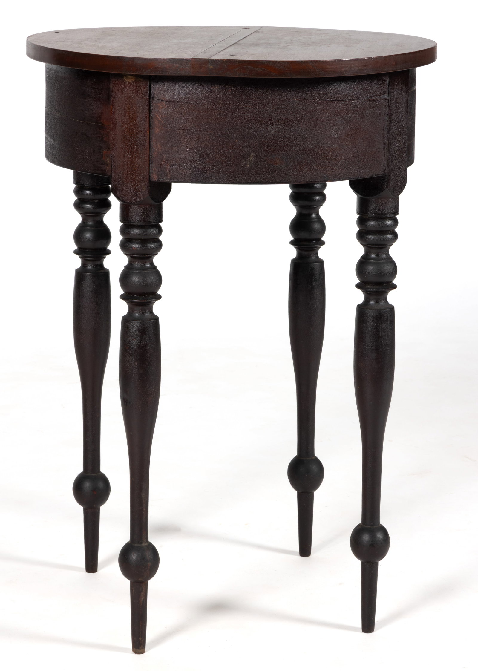 VERY FINE CHRISTIAN CO., KENTUCKY CHERRY STAND: VERY FINE CHRISTIAN CO., KENTUCKY CHERRY STAND, the round top over a conforming veneered apron of unique laminated construction, the whole raised on high turned legs terminating in narrow ta