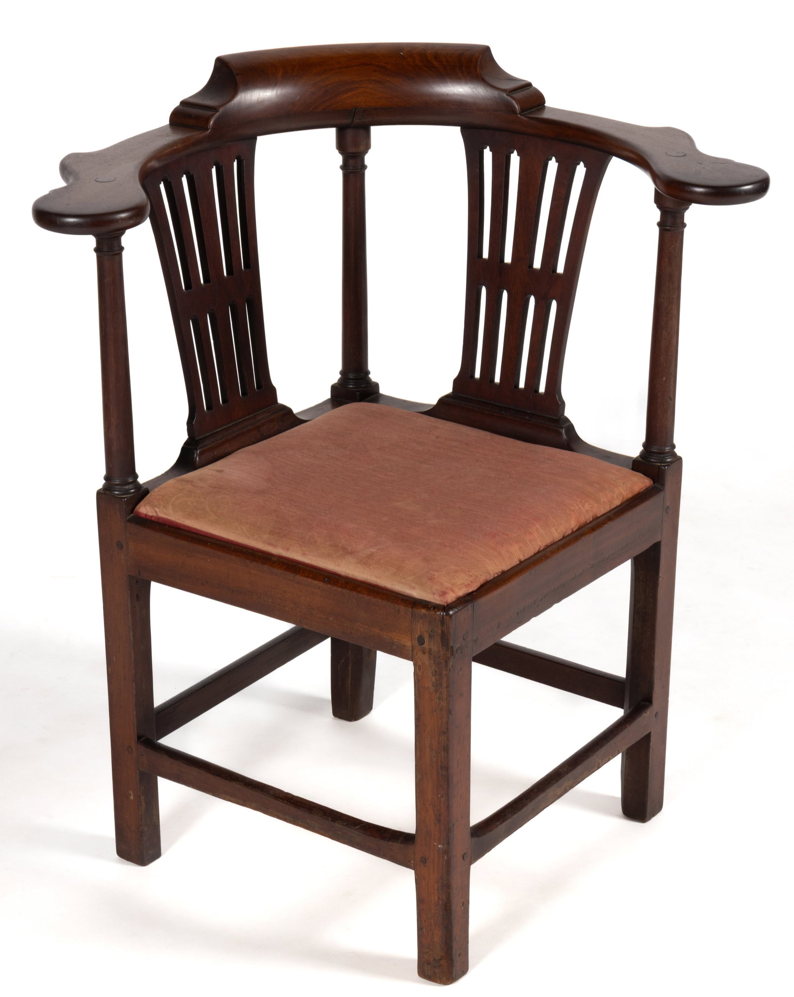 AMERICAN OR ENGLISH CHIPPENDALE MAHOGANY CORNER CHAIR: AMERICAN OR ENGLISH CHIPPENDALE MAHOGANY CORNER CHAIR, having a broad D-shaped arm rail with an applied low crest and out-turned rounded terminals supported by slender colonnettes and two splats havin