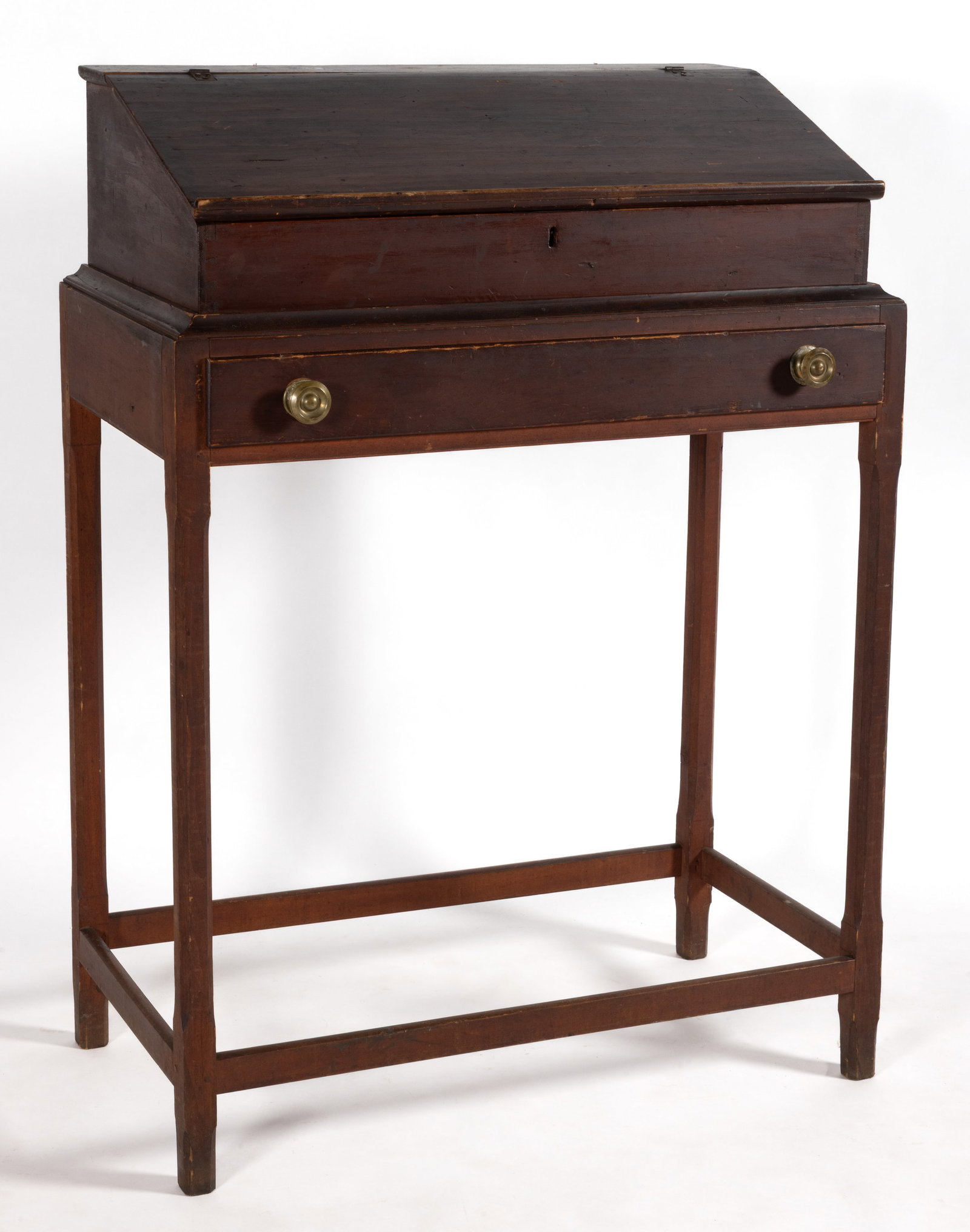 AMERICAN PAINTED PINE STAND-UP SCHOOLMASTER'S DESK: AMERICAN PAINTED PINE STAND-UP SCHOOLMASTER'S DESK, two-piece construction, the upper case with hinged slant lid having applied lip at base and open interior well, raised on a separate stand with 