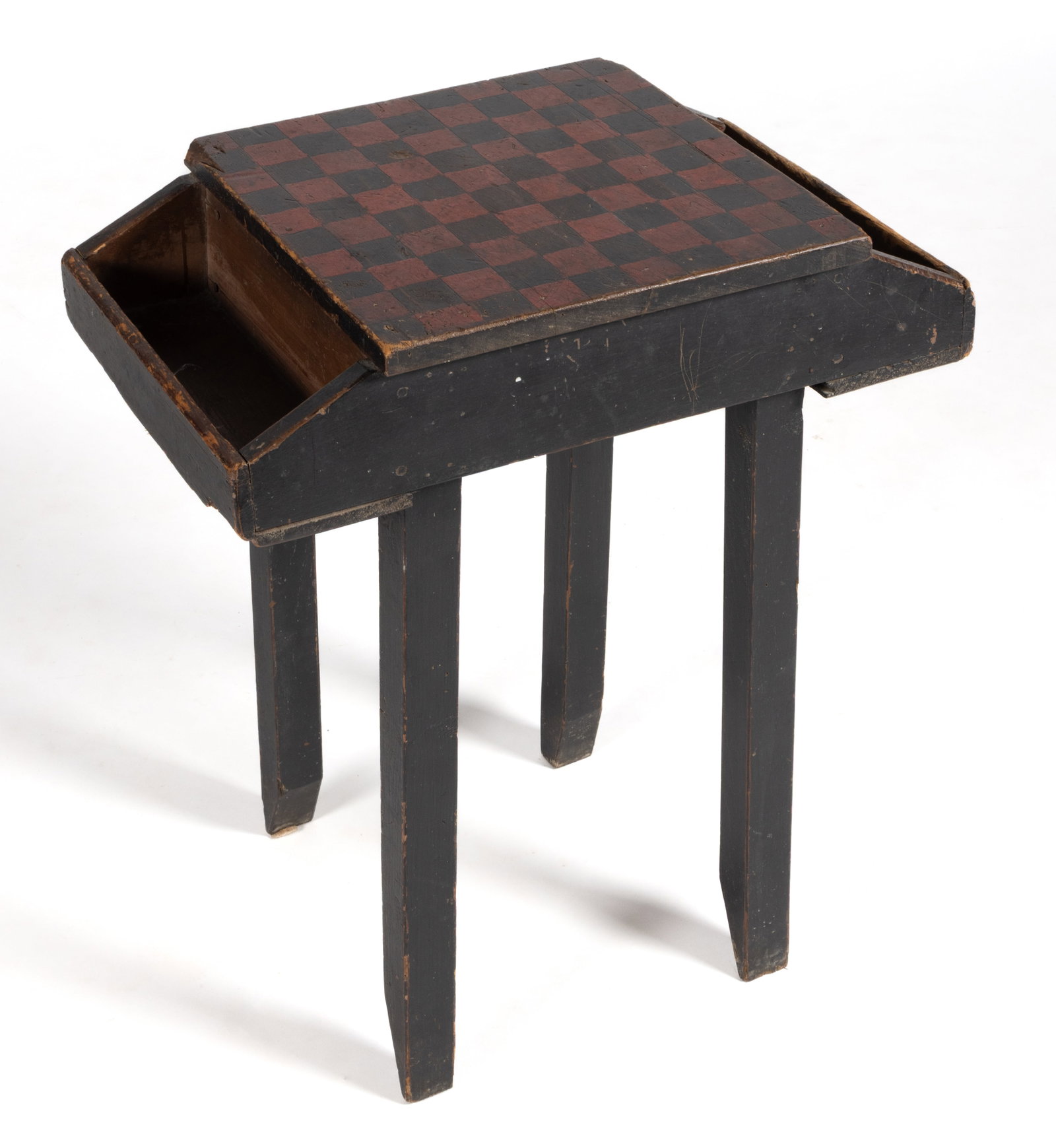 AMERICAN PAINT-DECORATED PINE CHECKERBOARD / GAMES TABLE: AMERICAN PAINT-DECORATED PINE CHECKERBOARD / GAMES TABLE, square top with two sides having an extended open compartment / bin to the underside edge of the top, table top has an original black
