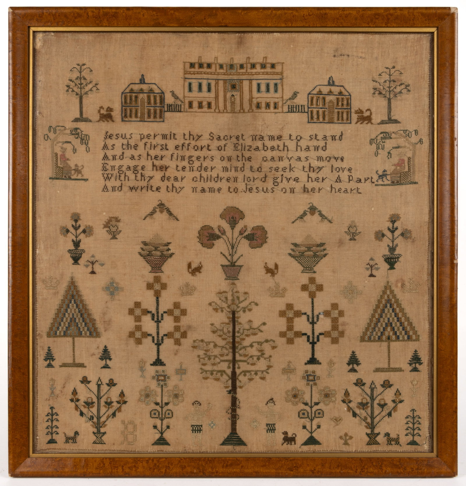 BRITISH PICTORIAL NEEDLEWORK SAMPLER: BRITISH PICTORIAL NEEDLEWORK SAMPLER, silk on linen gauze, top depicting a large house or building with columns, similar to Buckingham House / Palace in London or Cliveden House in