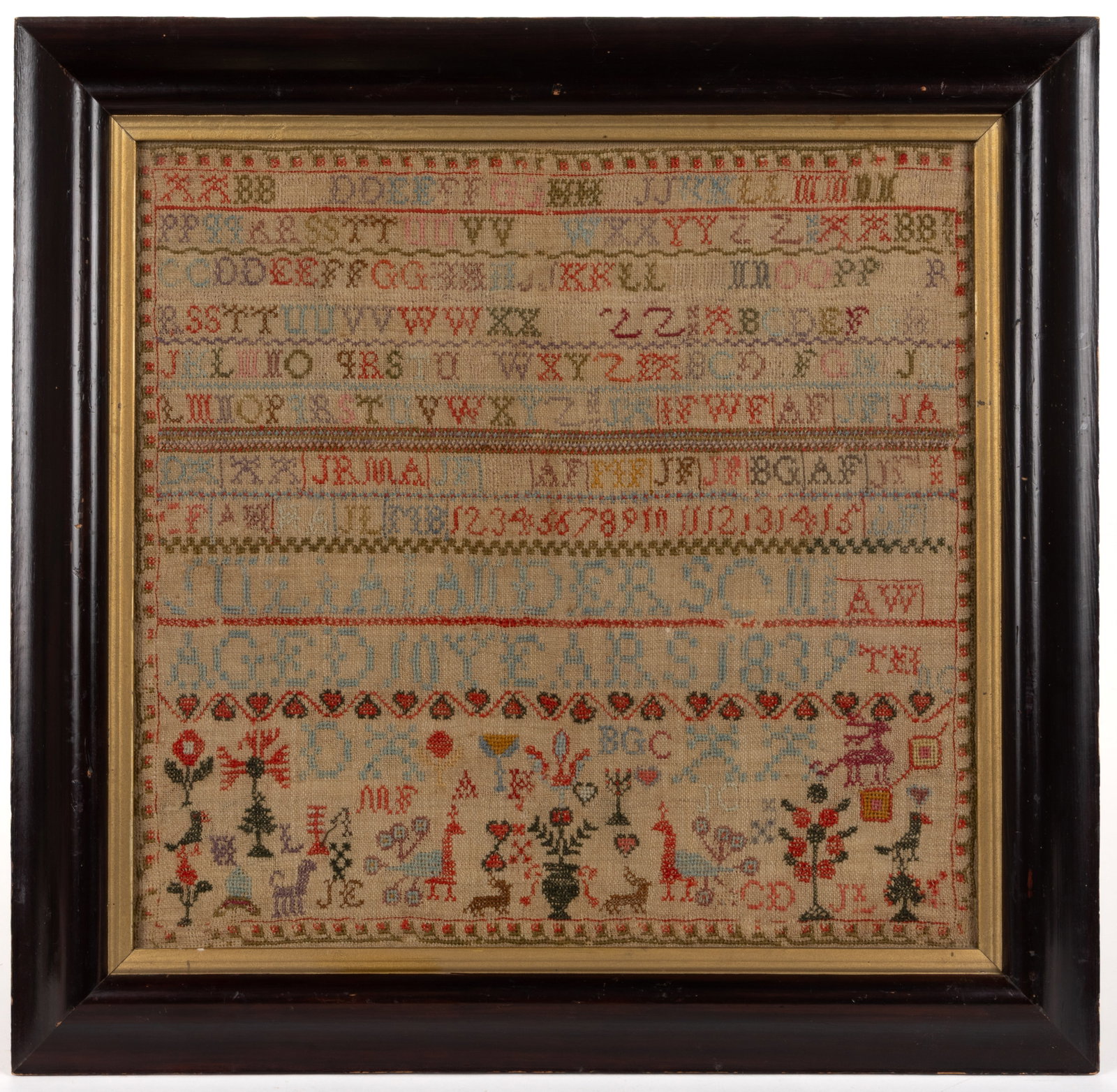 SCOTTISH PICTORIAL NEEDLEWORK SAMPLER: SCOTTISH PICTORIAL NEEDLEWORK SAMPLER, wool on linen, five and one-half alphabet rows, followed by one and two one-half rows of initials divided by vertical lines that read, "JA IF WF AF JF JA /