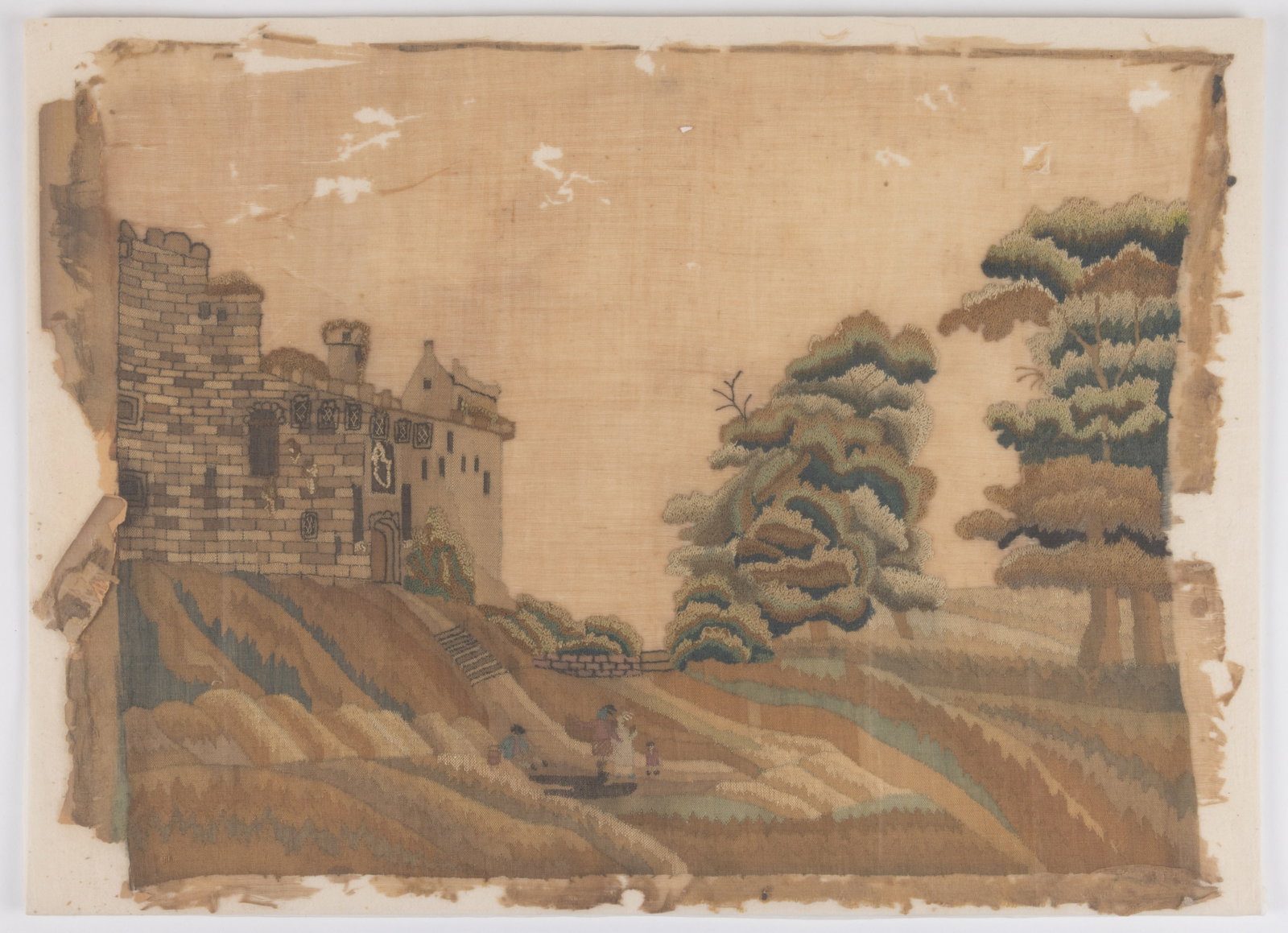 BRITISH SILK-EMBROIDERED NEEDLEWORK PICTURE OF A LANDSCAPE: BRITISH SILK-EMBROIDERED NEEDLEWORK PICTURE OF A LANDSCAPE, silk on linen, or possibly silk, gauze, likely a Scottish view, featuring bucolic rolling hills with four figures at the center of a man in