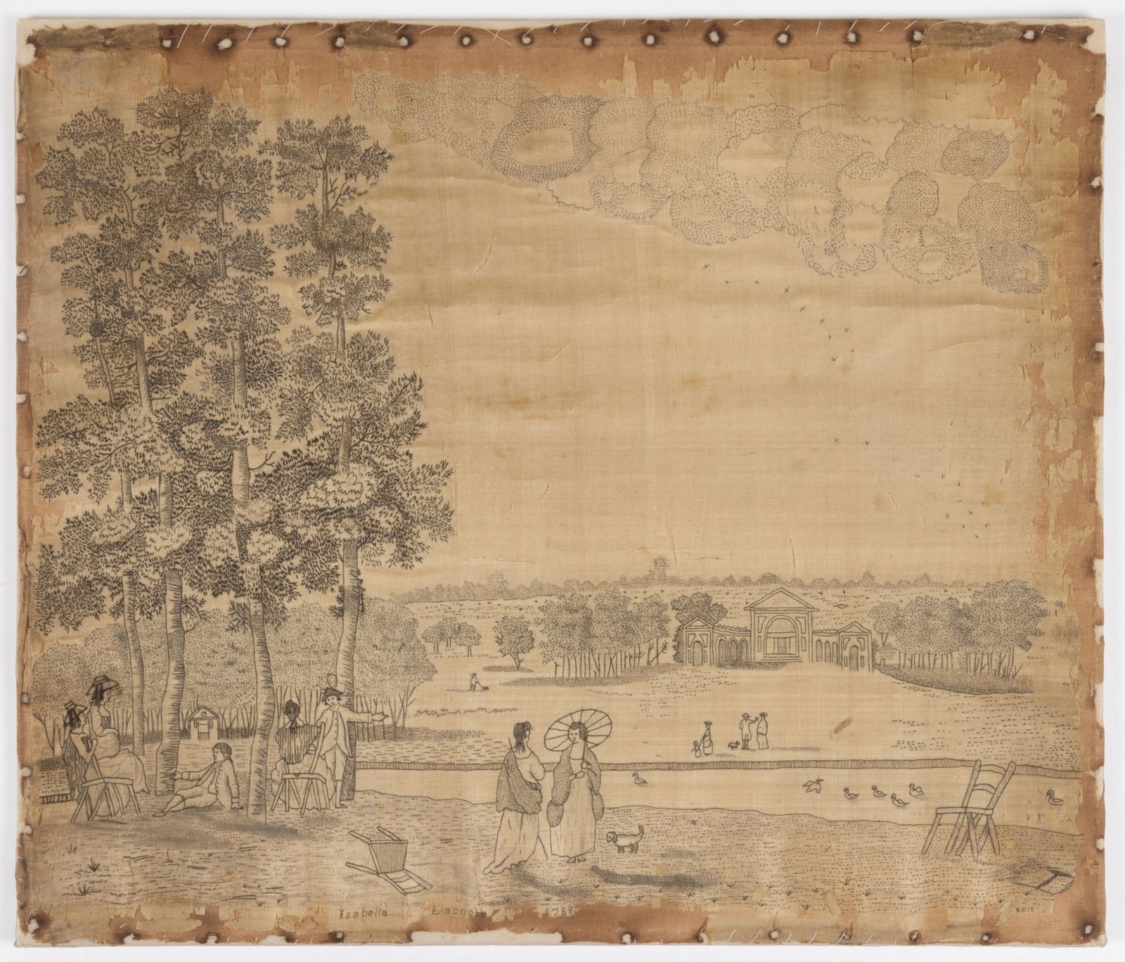 BRITISH ATTRIBUTED SILK-EMBROIDERED PRINTWORK NEEDLEWORK PICTURE: BRITISH ATTRIBUTED SILK-EMBROIDERED PRINTWORK NEEDLEWORK PICTURE, silk and pencil on silk with linen backing, depicting a park scene featuring figures of gentlemen and ladies, including a woman