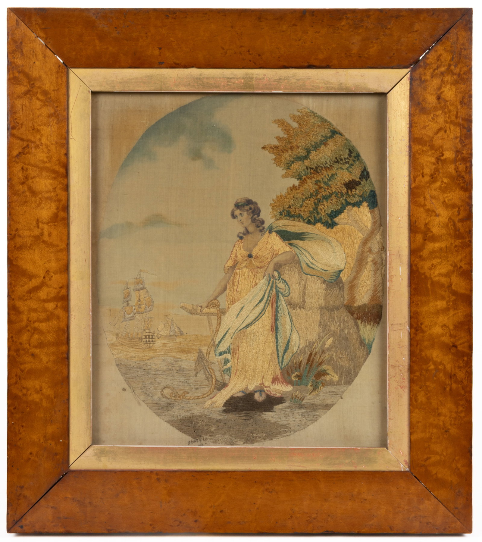 AMERICAN / BRITISH HOPE ALLEGORICAL SILK-EMBROIDERED NEEDLEWORK PICTURE: AMERICAN / BRITISH HOPE ALLEGORICAL SILK-EMBROIDERED NEEDLEWORK PICTURE, silk, wool, chenille, silver gilt-thread, possibly other thread, and paint on silk with linen backing, depicting a seaside
