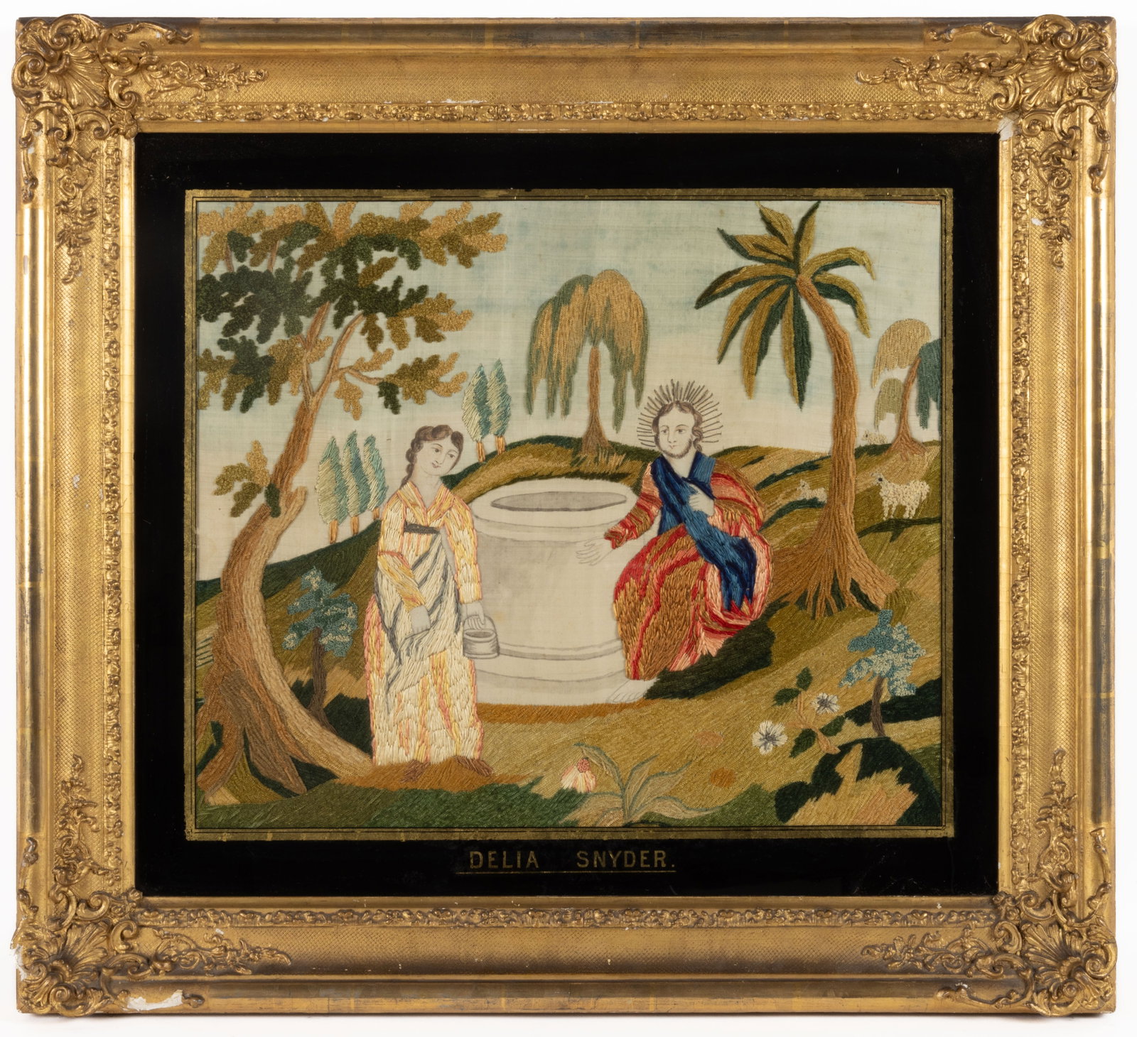 AMERICAN SILK-EMBROIDERED NEEDLEWORK BIBLICAL PICTURE: AMERICAN SILK-EMBROIDERED NEEDLEWORK BIBLICAL PICTURE, silk, chenille, silver gilt-thread, wool, paint, and pencil on silk, probably depicting the story in John chapter 4, verses 4 through 26 of