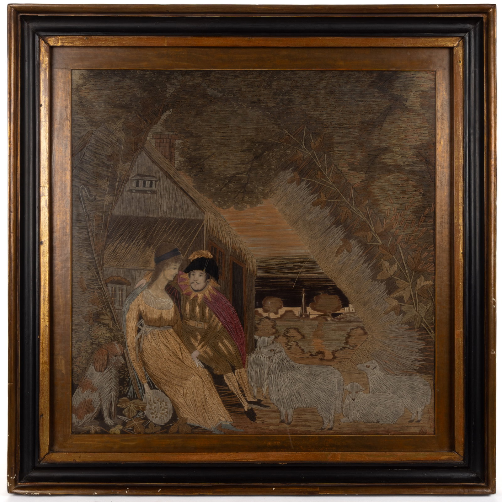 AMERICAN / ENGLISH EMBROIDERED NEEDLEWORK PICTURE: AMERICAN / ENGLISH EMBROIDERED NEEDLEWORK PICTURE, wool and silk on linen and paint on silk, depicting an outdoor scene with a man and a woman, who appear to be courting, having applied painted silk