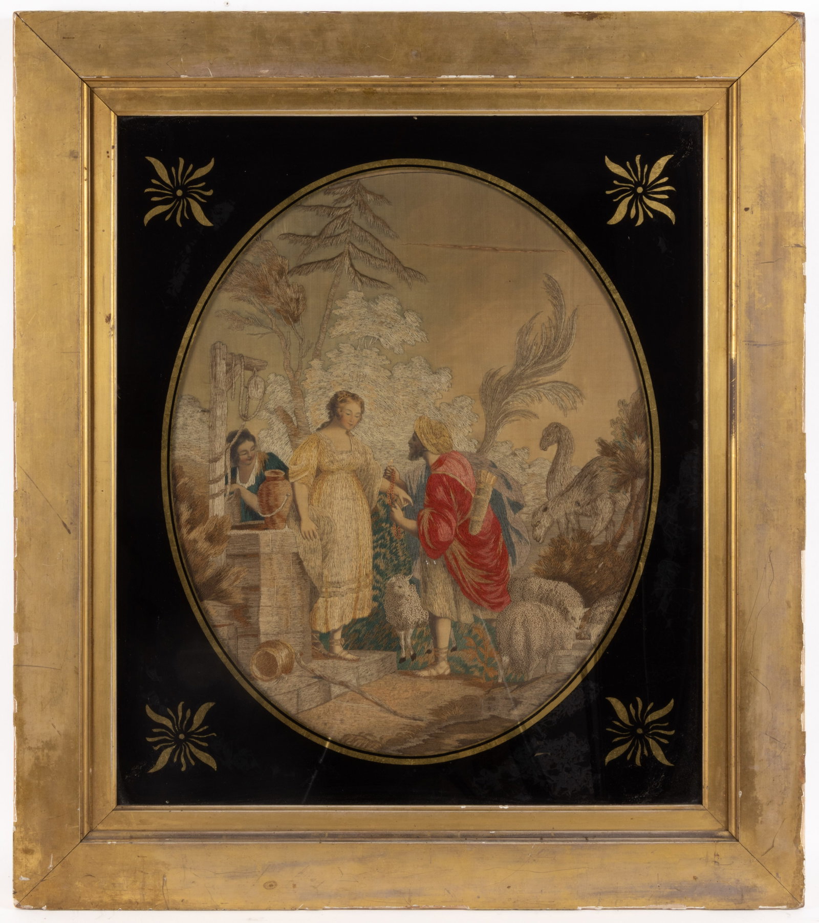AMERICAN / BRITISH EMBROIDERED NEEDLEWORK BIBLICAL PICTURE: AMERICAN / BRITISH EMBROIDERED NEEDLEWORK BIBLICAL PICTURE, silk, wool, and paint on silk with linen backing, depicting the story from Genesis 24 of Rebekah (Rebecca) at the well, featuring the