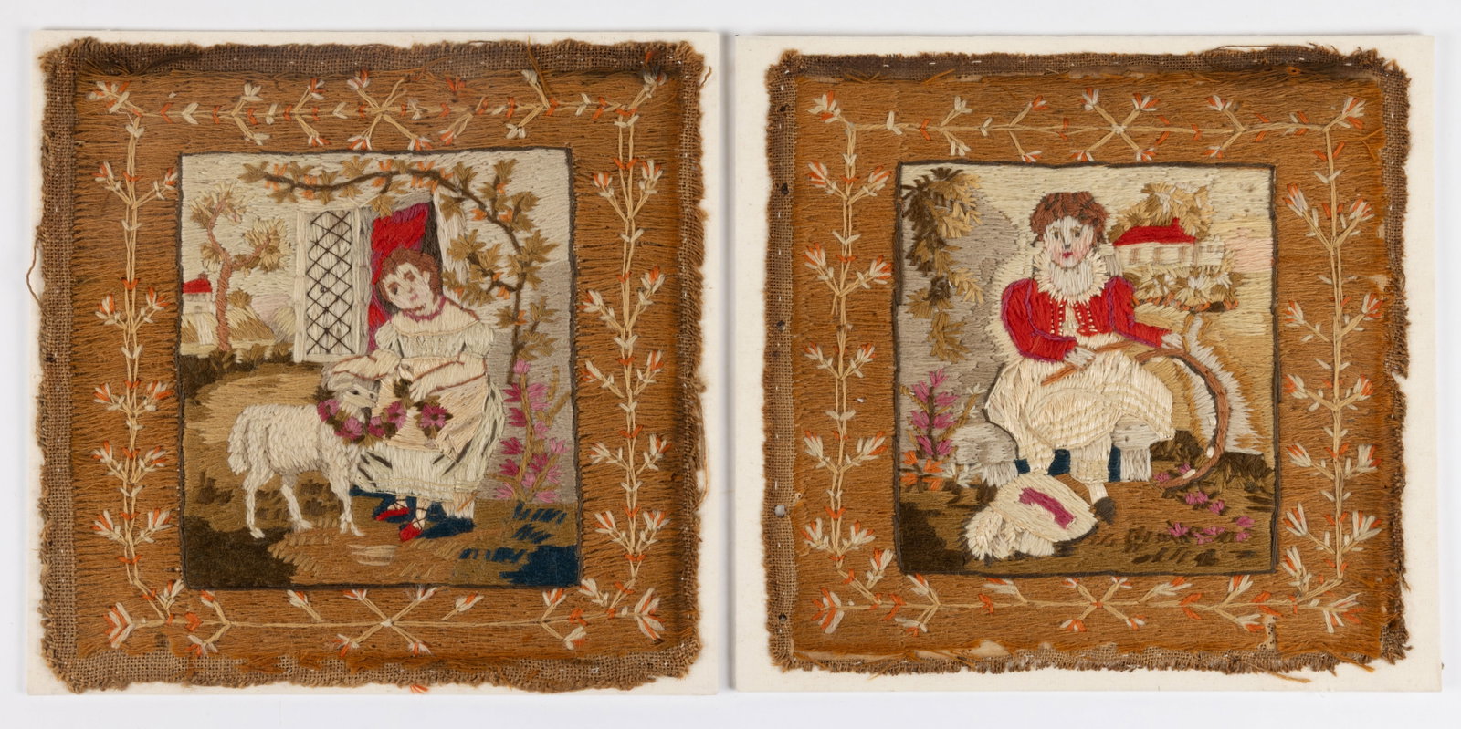 AMERICAN / EUROPEAN WOOL-EMBROIDERED NEEDLEWORK PICTURES, PAIRING: AMERICAN / EUROPEAN WOOL-EMBROIDERED NEEDLEWORK PICTURES, PAIRING, wool and silk on linen, each having a central vignette of figure in a lush landscape with a building in the background, surrounded