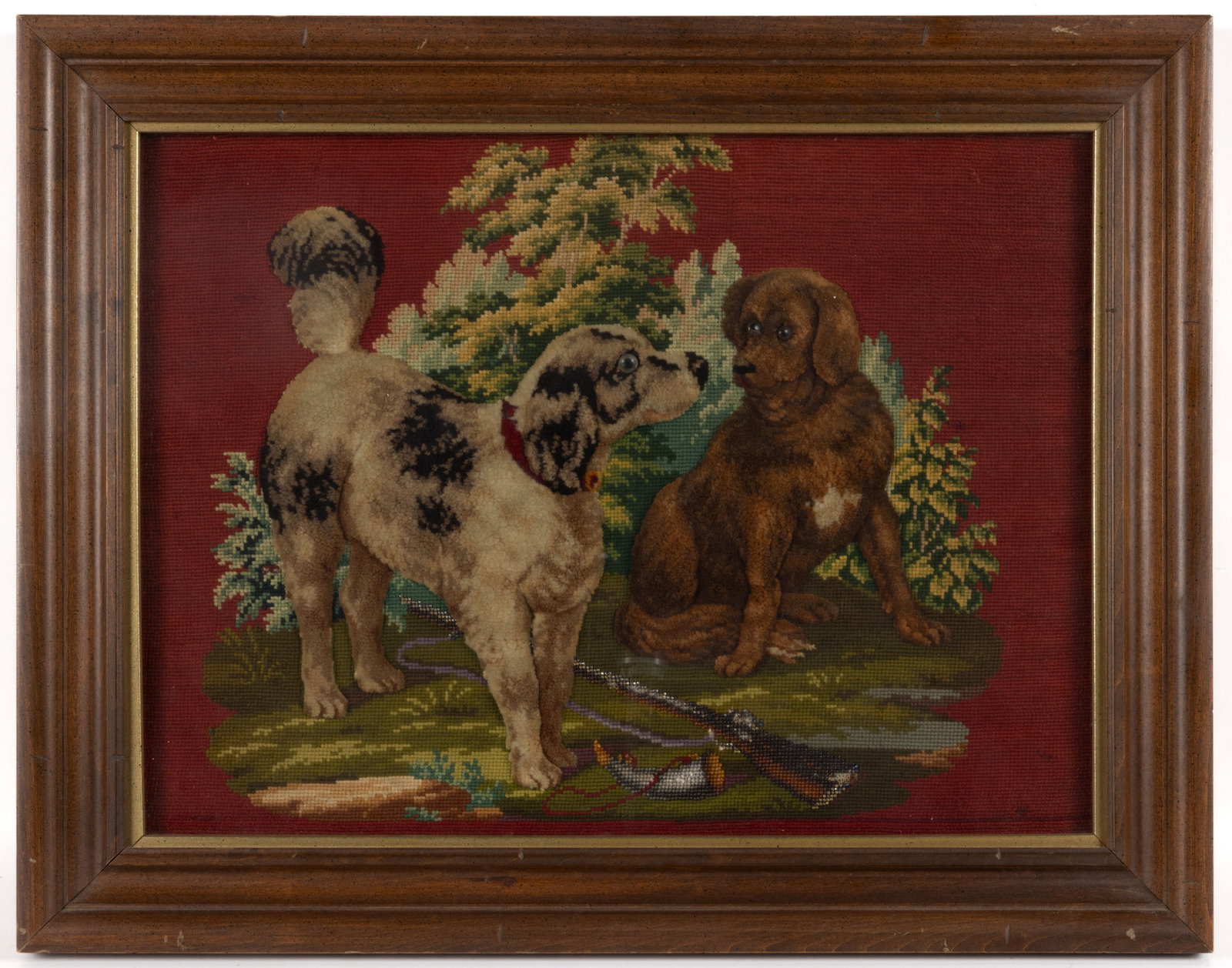 AMERICAN / BRITISH PLUSH / BERLIN WORK NEEDLEWORK PICTURE OF HUNTING DOGS: AMERICAN / BRITISH PLUSH / BERLIN WORK NEEDLEWORK PICTURE OF HUNTING DOGS, wool and glass beads on canvas, depicting two plush work dogs, possibly an English Springer Spaniel and an Irish Setter,