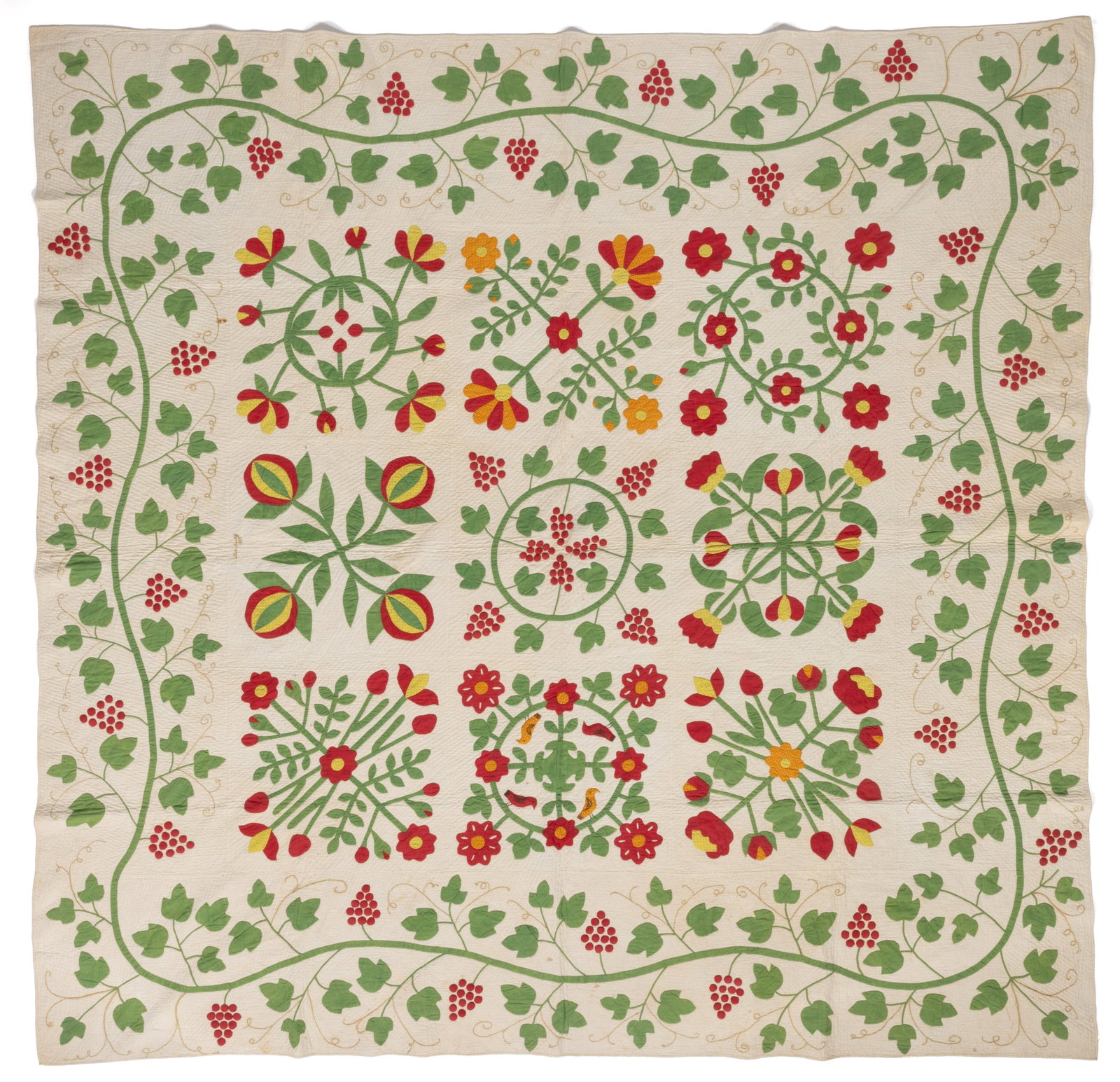 SHENANDOAH CO., SHENANDOAH VALLEY OF VIRGINIA SIGNED AND DATED BOTANICAL ALBUM APPLIQUE QUILT: SHENANDOAH CO., SHENANDOAH VALLEY OF VIRGINIA SIGNED AND DATED BOTANICAL ALBUM APPLIQUE QUILT, hand-stitched, completed in yellow and orange/cheddar print fabrics and solid red, green, and white
