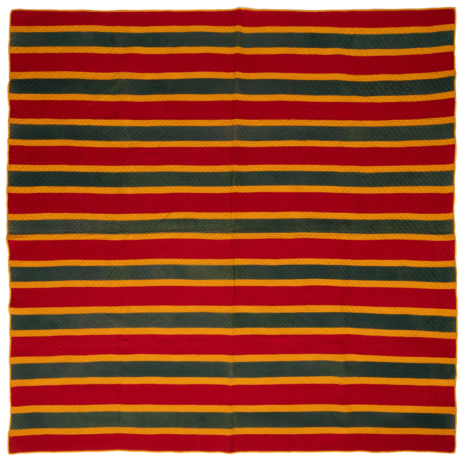 MID-ATLANTIC, PROBABLY PENNSYLVANIA, "SPLIT BARS / STRIP" PIECED QUILT: MID-ATLANTIC, PROBABLY PENNSYLVANIA, "SPLIT BARS / STRIP" PIECED QUILT, hand-stitched quilting in colored thread and machine-stitched piecing, completed in solid cheddar orange, red, and