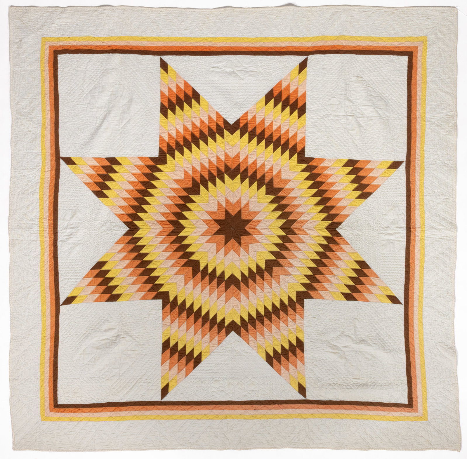 AMERICAN "LONE STAR / STAR OF BETHLEHEM" PIECED QUILT: AMERICAN "LONE STAR / STAR OF BETHLEHEM" PIECED QUILT, hand- and machine-stitched, completed in solid white, yellow, light pink, orange, and brown fabrics, large center eight-point star