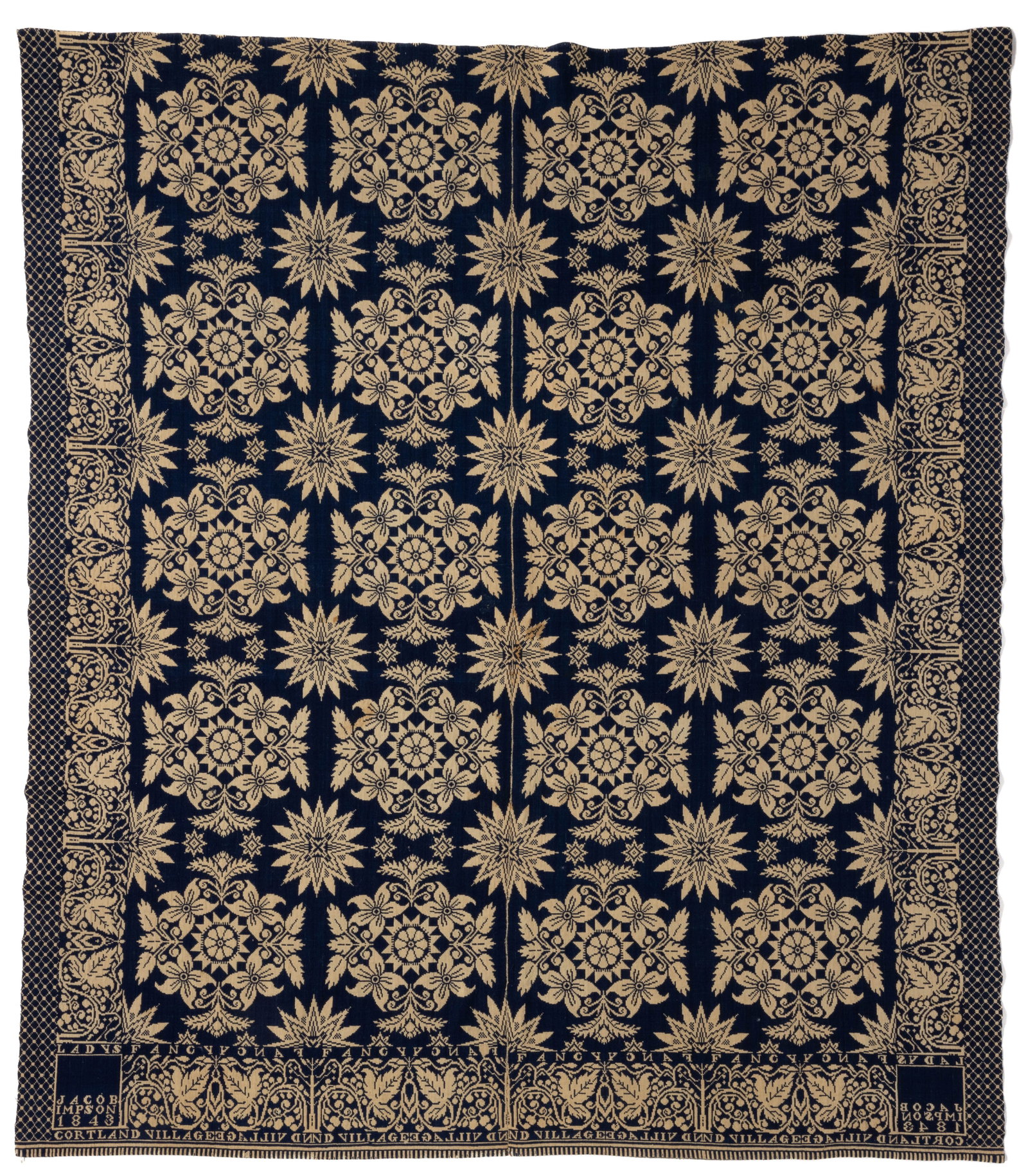 CORTLAND CO., NEW YORK SIGNED AND DATED DOUBLE WEAVE COVERLET: CORTLAND CO., NEW YORK SIGNED AND DATED DOUBLE WEAVE COVERLET, dark blue wool and natural cotton, two joined panels, center design featuring flowers and stars, three sides with vine border, two