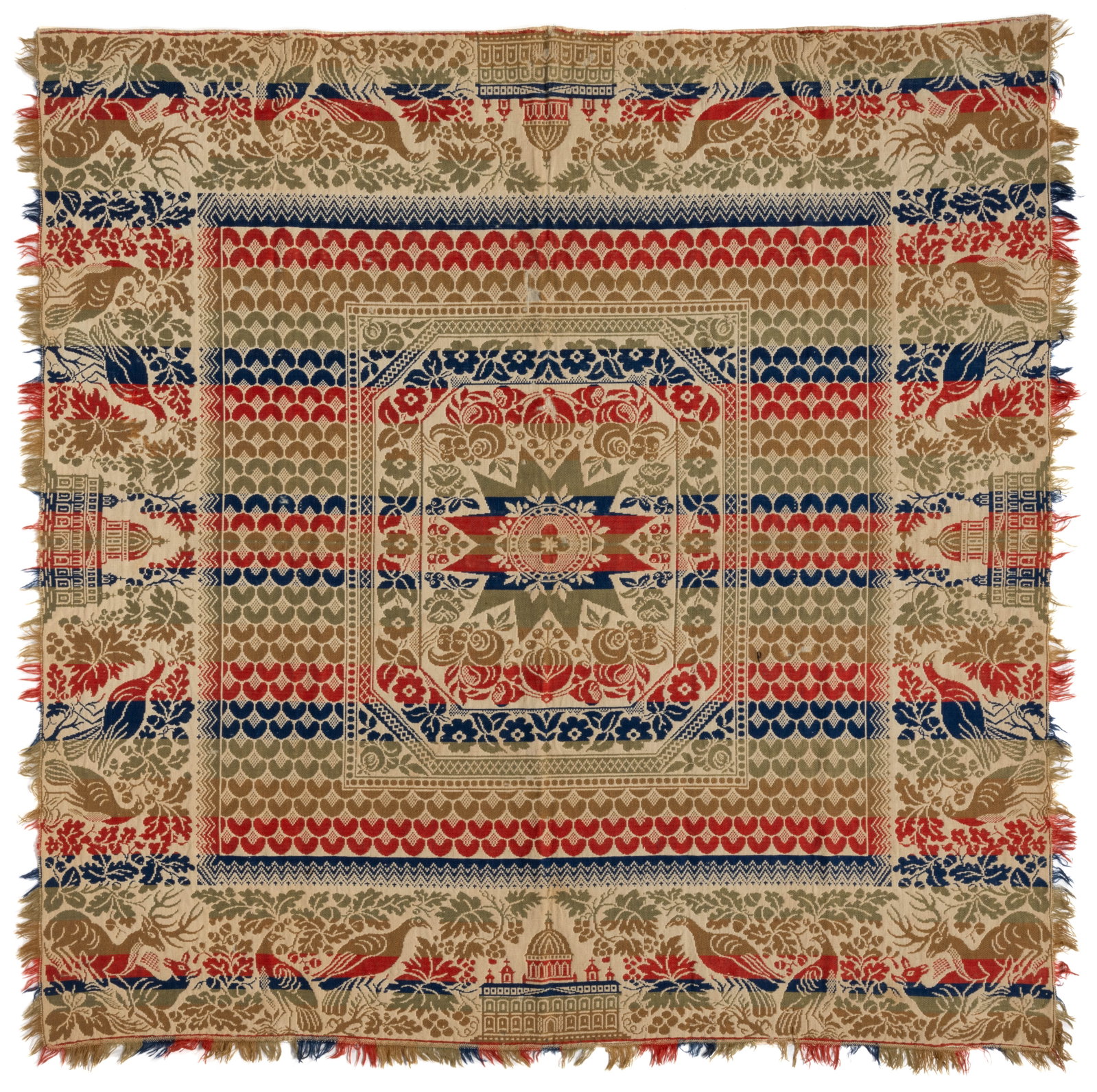 AMERICAN, POSSIBLY PENNSYLVANIA, JACQUARD COVERLET: AMERICAN, POSSIBLY PENNSYLVANIA, JACQUARD COVERLET, dark blue, red, green, and brown wool, and natural cotton, whole panel, center having a star medallion surrounded by flowers, encompassed by