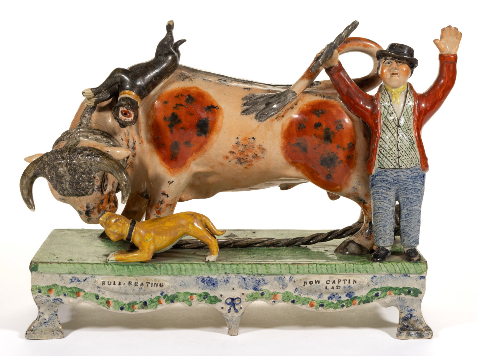 ENGLISH STAFFORDSHIRE PEARLWARE SHERRATT-STYLE HAND-PAINTED CERAMIC BULLBAITING FIGURAL GROUP (1 of 6)