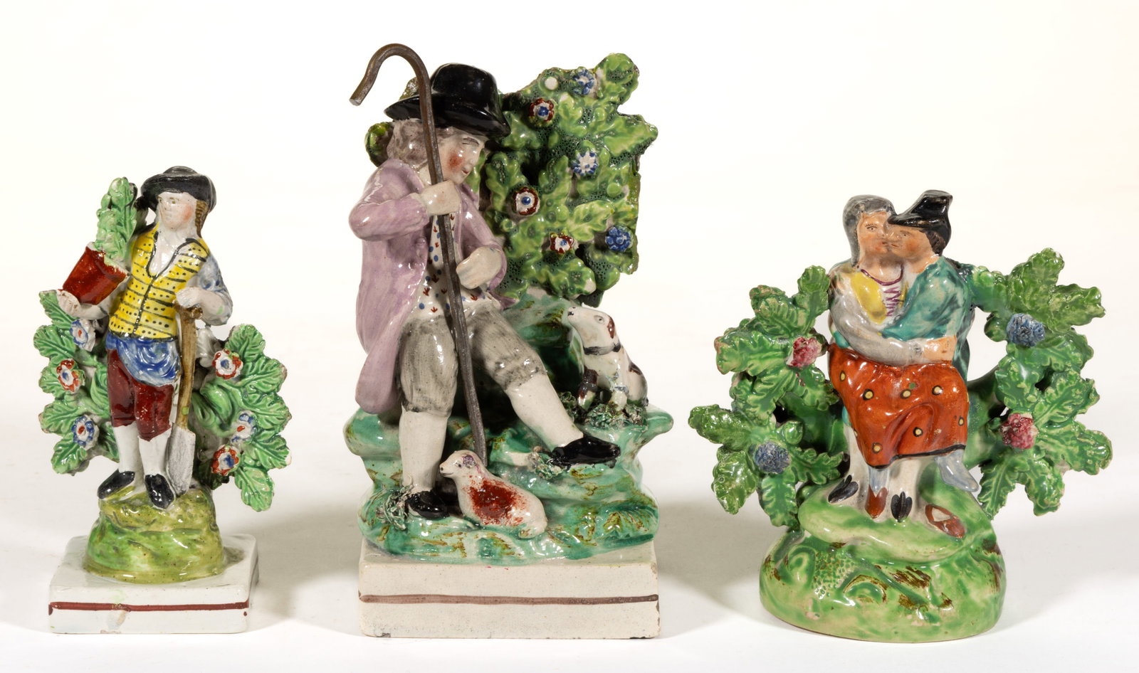 ENGLISH STAFFORDSHIRE PEARLWARE HAND-PAINTED BOCAGE FIGURAL GROUPS, LOT OF THREE (1 of 5)