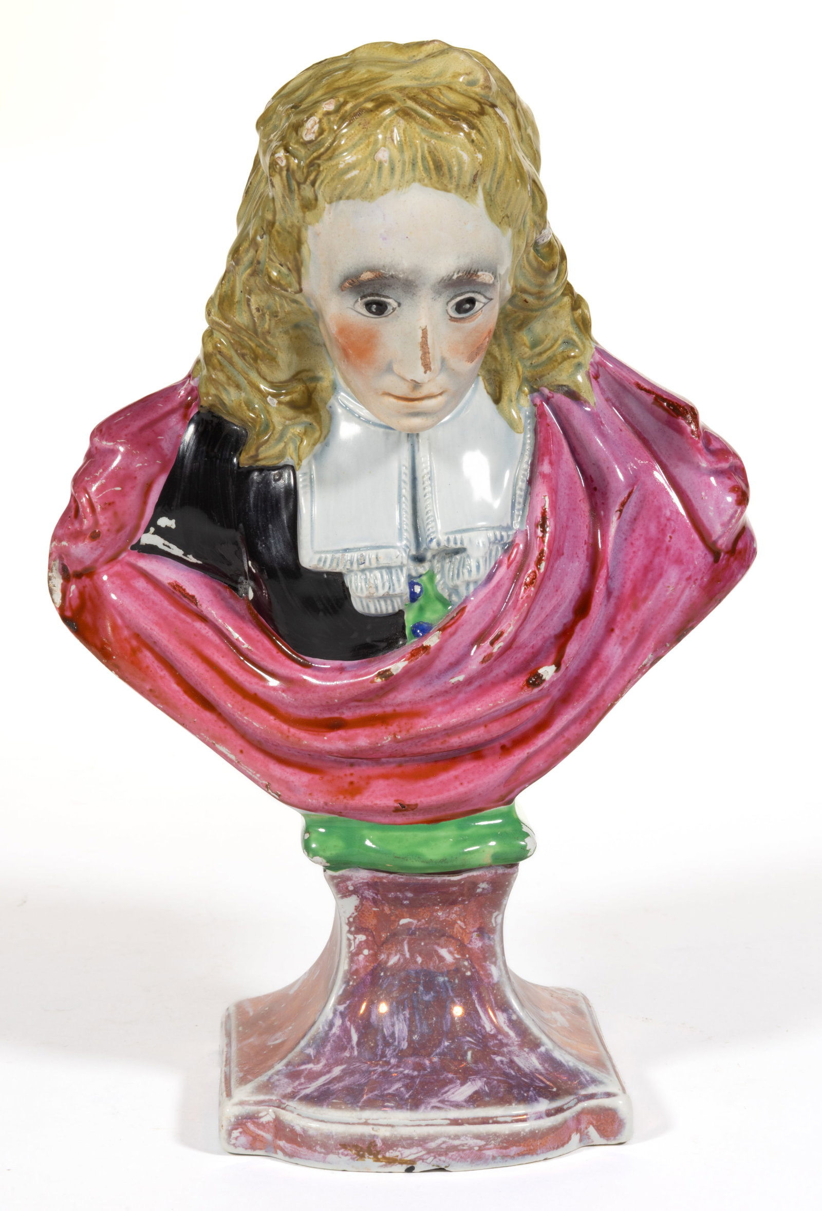 ENGLISH STAFFORDSHIRE PEARLWARE HAND-PAINTED CERAMIC MILTON BUST: ENGLISH STAFFORDSHIRE PEARLWARE HAND-PAINTED CERAMIC MILTON BUST, having bright polychrome enamel decorations, depicting the famous poet with rouged cheeks, long blond hair, wearing a pink cloak,
