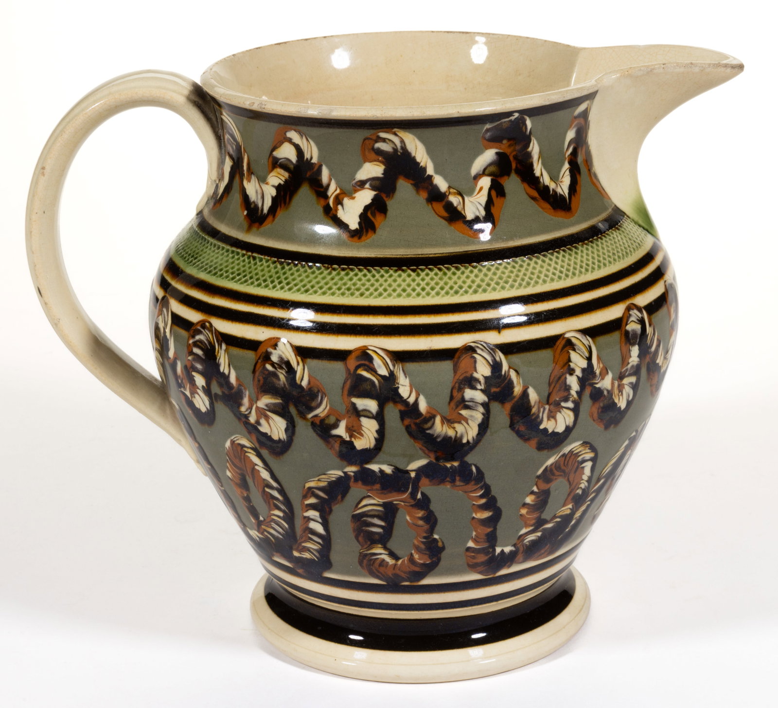 BRITISH CREAMWARE EARTHWORM DIPPED WARE / MOCHA CERAMIC JUG / PITCHER: BRITISH CREAMWARE EARTHWORM DIPPED WARE / MOCHA CERAMIC JUG / PITCHER, baluster form, featuring tri-color slip wavy and looped cable design on a broad grey band and green-glazed roulett