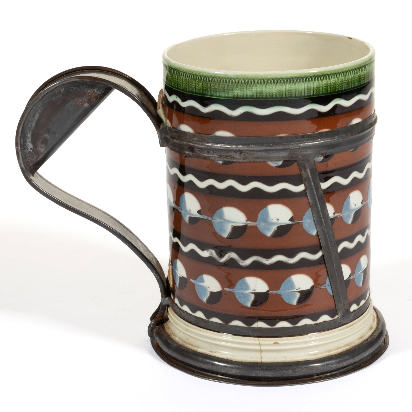 BRITISH PEARLWARE CAT'S EYE DIPPED WARE / MOCHA CERAMIC TANKARD WITH MAKE-DO (1 of 5)