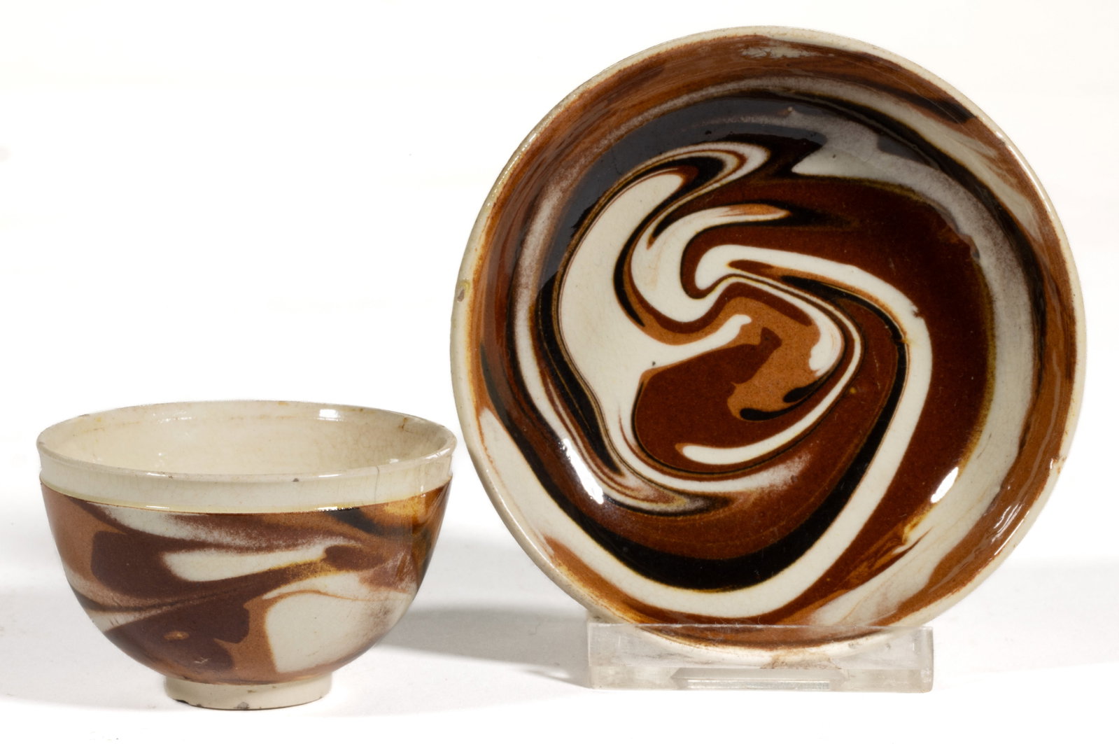 BRITISH CREAMWARE SLIP-MARBLED DIPPED WARE / MOCHA CERAMIC CHILDREN'S MINIATURE / TOY CUP AND SAUCER (1 of 3)