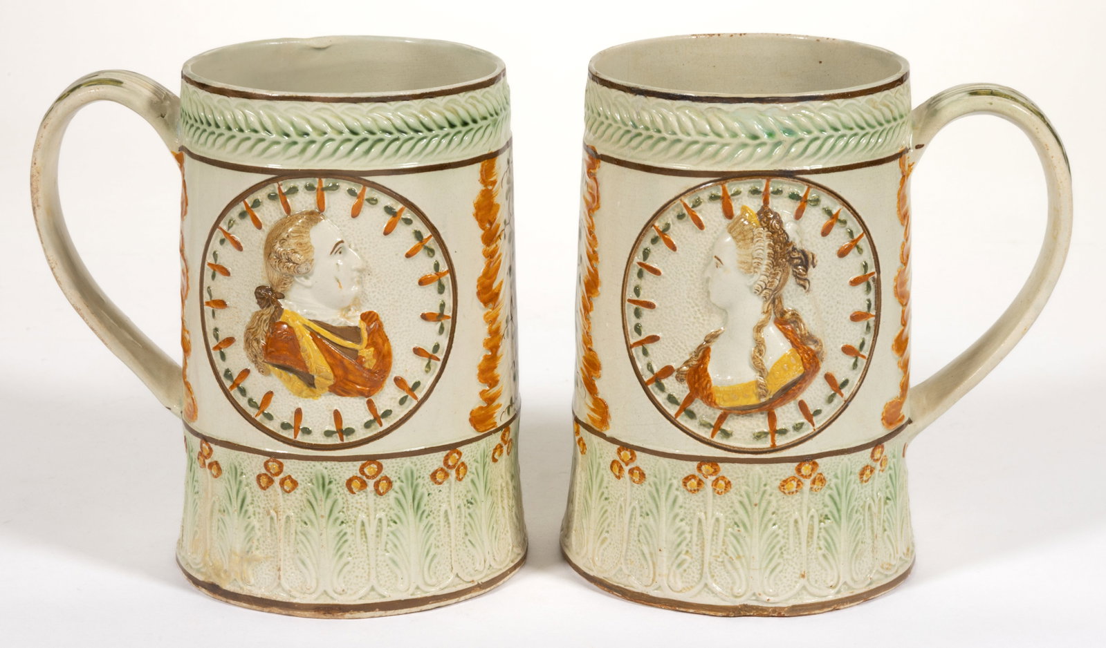 BRITISH PEARLWARE / PRATTWARE FRENCH ROYALTY CERAMIC PAIR OF TANKARDS (1 of 5)