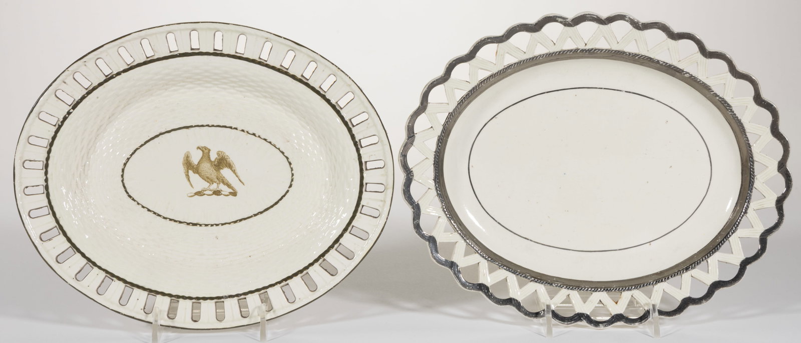 BRITISH CREAMWARE RETICULATED PLATTERS / STANDS, LOT OF TWO (1 of 2)