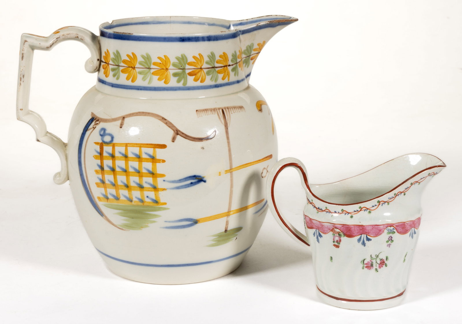 BRITISH PEARLWARE HAND-PAINTED CERAMIC JUGS / PITCHERS, LOT OF TWO (1 of 5)