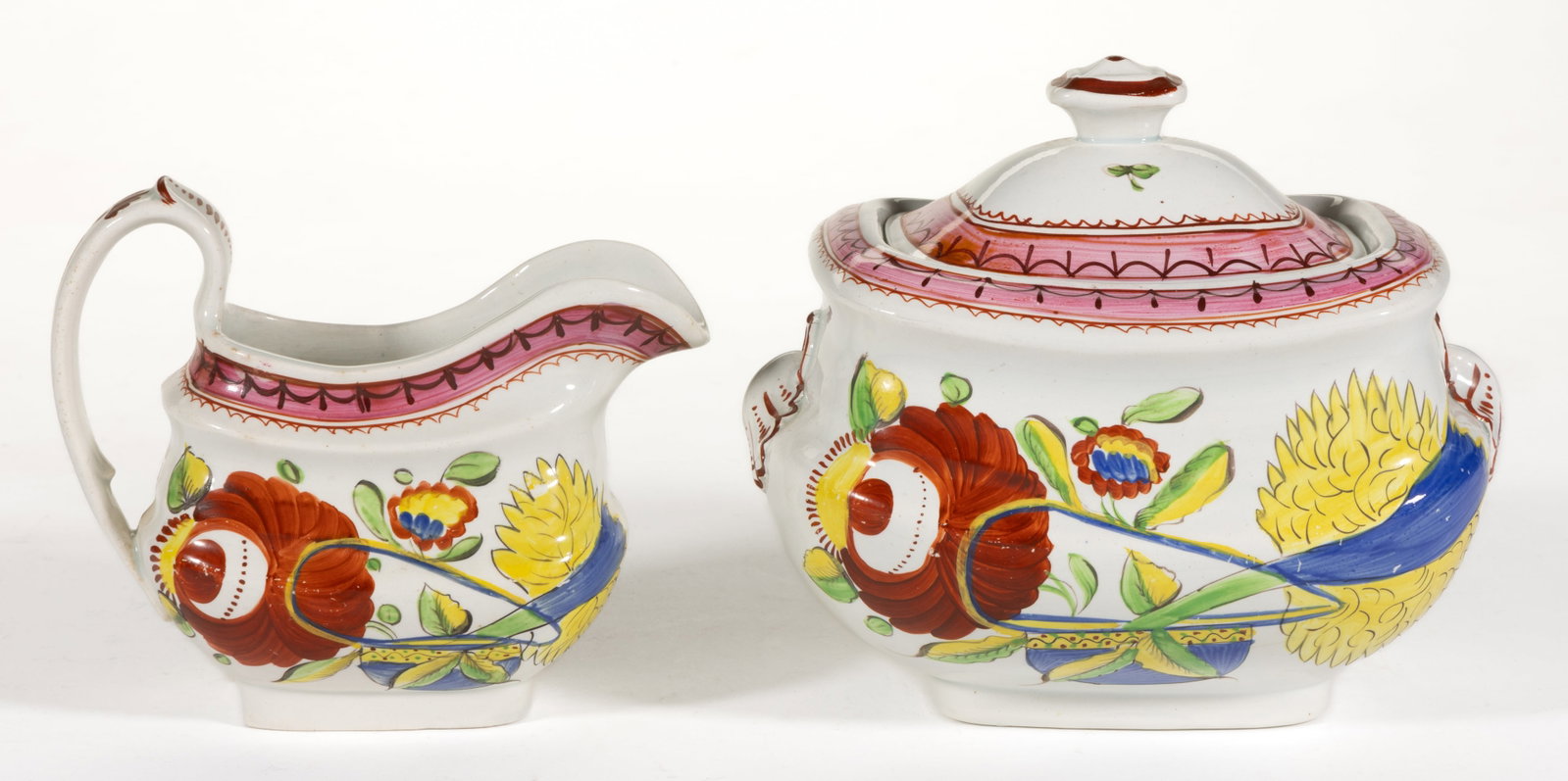 ENGLISH HAND-PAINTED KING'S ROSE OYSTER CERAMIC TEA ARTICLES, LOT OF TWO: ENGLISH HAND-PAINTED KING'S ROSE OYSTER CERAMIC TEA ARTICLES, LOT OF TWO, having bold polychrome decoration featuring large flowers including yellow and blue examples and a red rose, hav