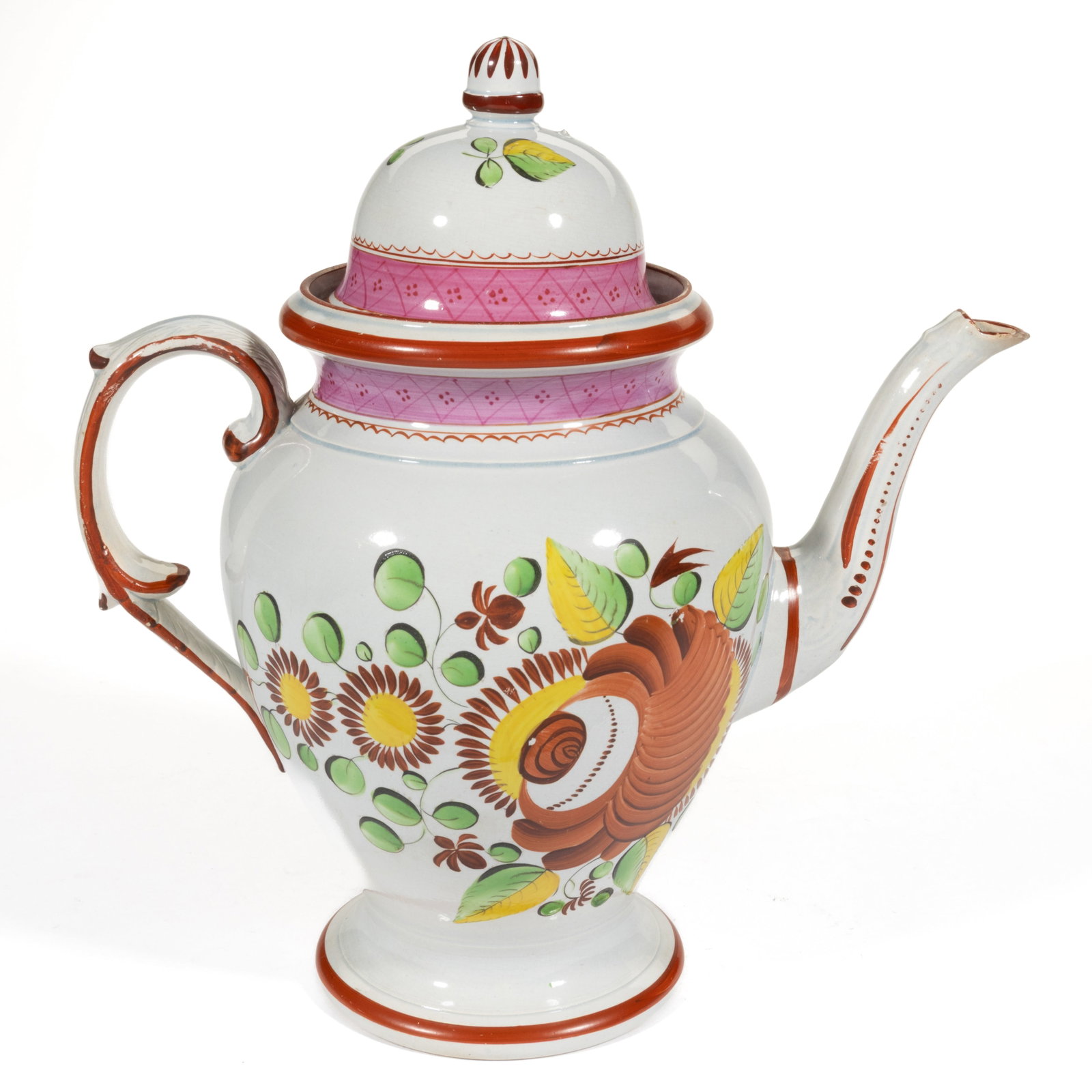 ENGLISH PEARLWARE KING'S ROSE HAND-PAINTED CERAMIC COFFEE POT: ENGLISH PEARLWARE KING'S ROSE HAND-PAINTED CERAMIC COFFEE POT, baluster form with domed cover and acorn finial, having bold polychrome decoration featuring a large red rose and circular yellow- an