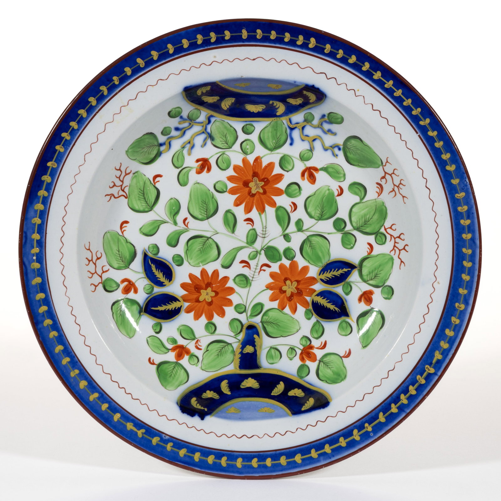 ENGLISH PEARLWARE HAND-PAINTED GAUDY DUTCH CERAMIC SOUP PLATE: ENGLISH PEARLWARE HAND-PAINTED GAUDY DUTCH CERAMIC SOUP PLATE, featuring bold polychrome Strawflower floral decoration. Impressed "RILEY" to back. John & Richard Riley, Burslem, Eng