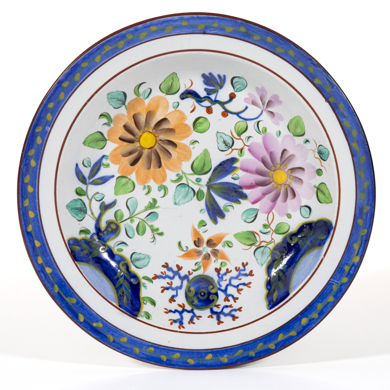 ENGLISH PEARLWARE HAND-PAINTED GAUDY DUTCH CERAMIC SOUP PLATE: ENGLISH PEARLWARE HAND-PAINTED GAUDY DUTCH CERAMIC SOUP PLATE, featuring bold polychrome Zinnia floral decoration. Impressed "RILEY" to back. John & Richard Riley, Burslem, England.