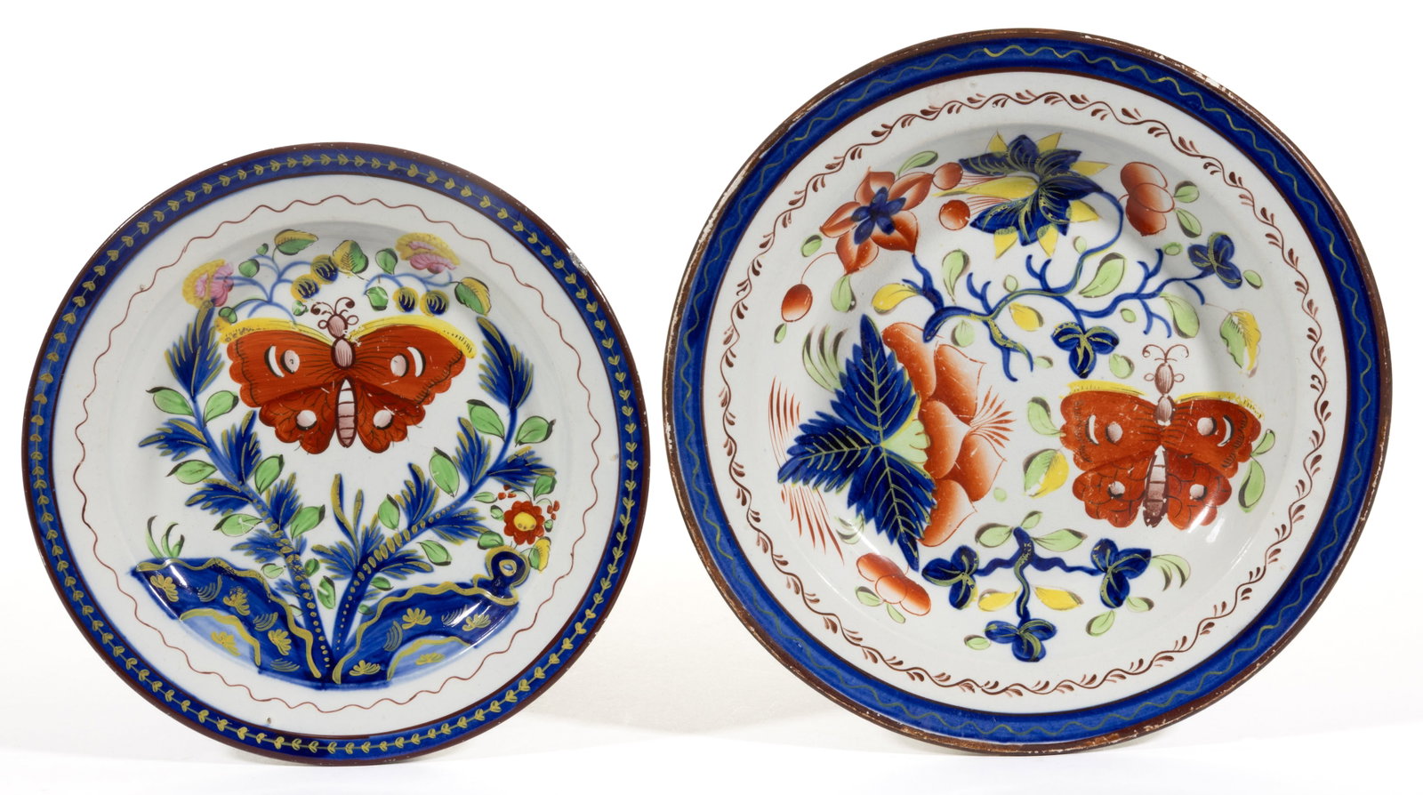 ENGLISH PEARLWARE GAUDY DUTCH BUTTERFLY MOTIF CERAMIC PLATES, LOT OF TWO: ENGLISH PEARLWARE GAUDY DUTCH BUTTERFLY MOTIF CERAMIC PLATES, LOT OF TWO, comprising one example featuring central Butterfly design and one 8 1/2" D soup plate example depicting Butterfly an