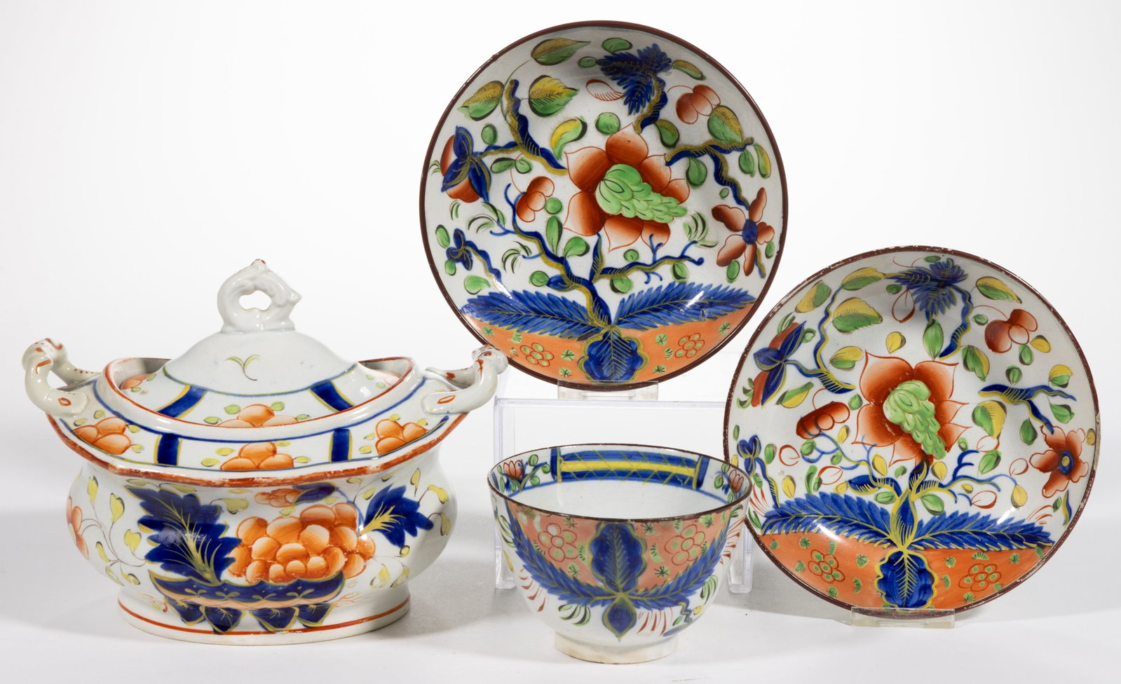 ENGLISH PEARLWARE HAND-PAINTED GAUDY DUTCH CERAMIC TEA ARTICLES, LOT OF FOUR (1 of 4)