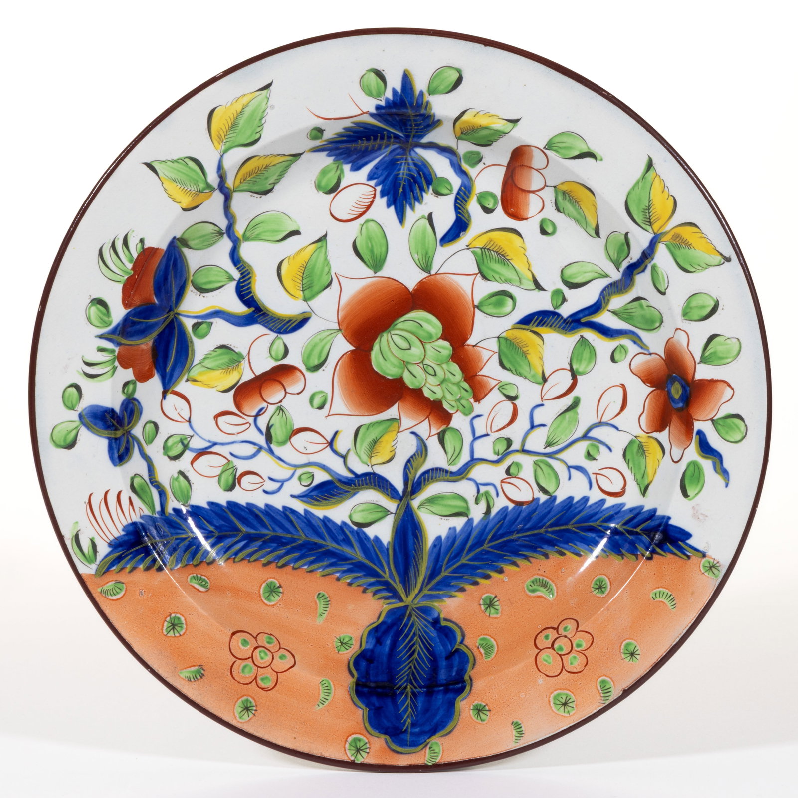 ENGLISH PEARLWARE HAND-PAINTED GAUDY DUTCH CERAMIC PLATE: ENGLISH PEARLWARE HAND-PAINTED GAUDY DUTCH CERAMIC PLATE, featuring bold polychrome Dove floral decoration. Impressed "8" to back. First quarter 19th century. 9 7/8" D. Literature: