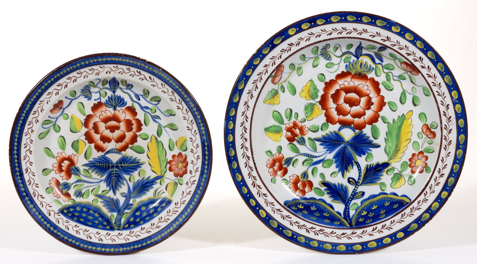 ENGLISH PEARLWARE HAND-PAINTED GAUDY DUTCH CERAMIC PLATES, LOT OF TWO (1 of 2)