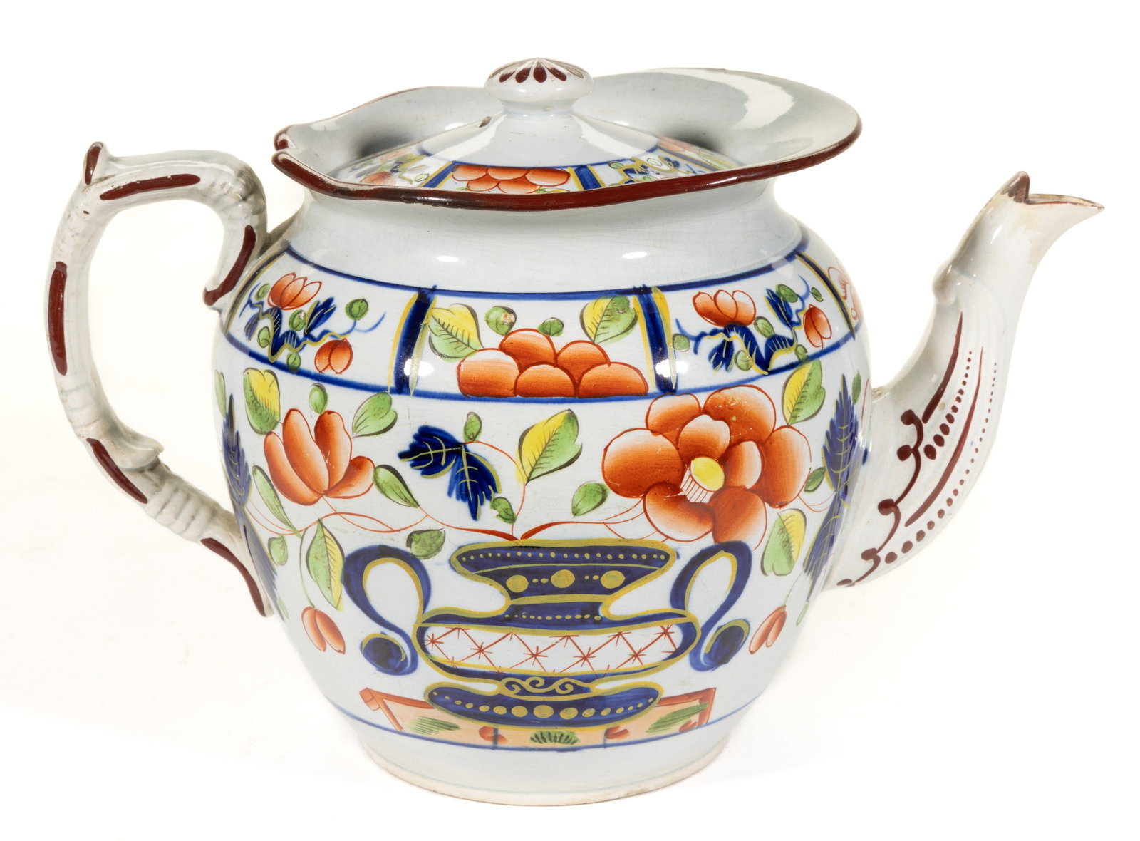 ENGLISH PEARLWARE HAND-PAINTED GAUDY DUTCH CERAMIC TEAPOT: ENGLISH PEARLWARE HAND-PAINTED GAUDY DUTCH CERAMIC TEAPOT, globular form with flaring collar, having bold polychrome Urn pattern. Impressed "3" to underside. First quarter 19th century.