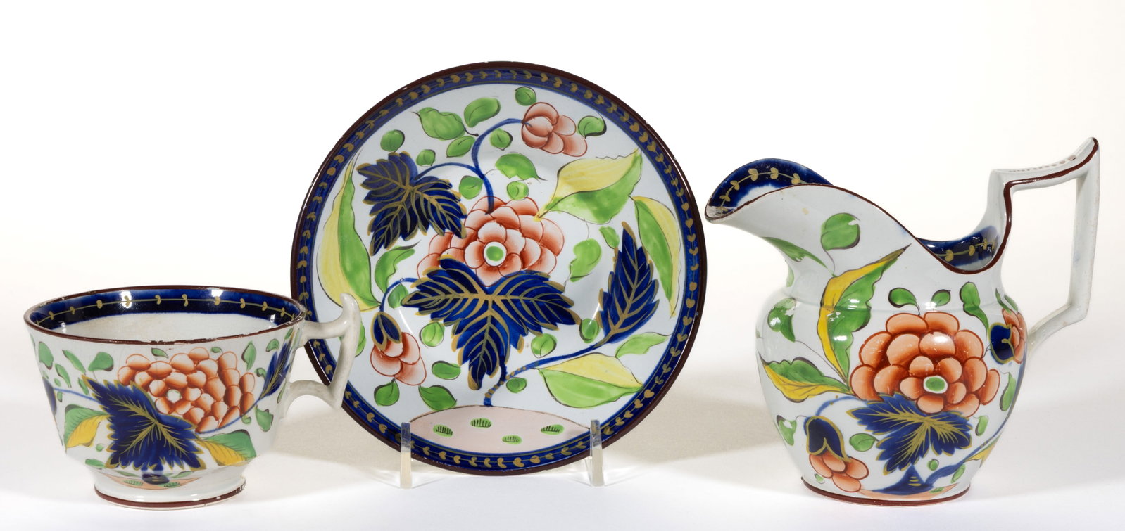 ENGLISH PEARLWARE HAND-PAINTED GAUDY DUTCH CERAMIC TEA ARTICLES, LOT OF THREE (1 of 3)