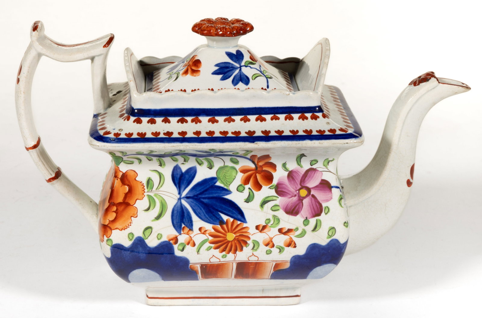 ENGLISH PEARLWARE HAND-PAINTED GAUDY DUTCH CERAMIC TEAPOT: ENGLISH PEARLWARE HAND-PAINTED GAUDY DUTCH CERAMIC TEAPOT, having bold polychrome Double Rose pattern floral decoration. Impressed "3" to underside. First quarter 19th century. 6" 